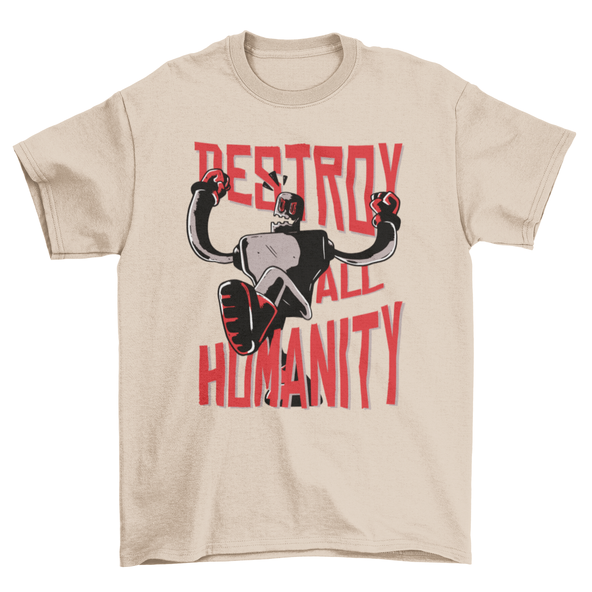 A stylish t-shirt featuring a bold design with the text 'Destroy All Humanity' and an angry robot graphic, perfect for sci-fi fans.