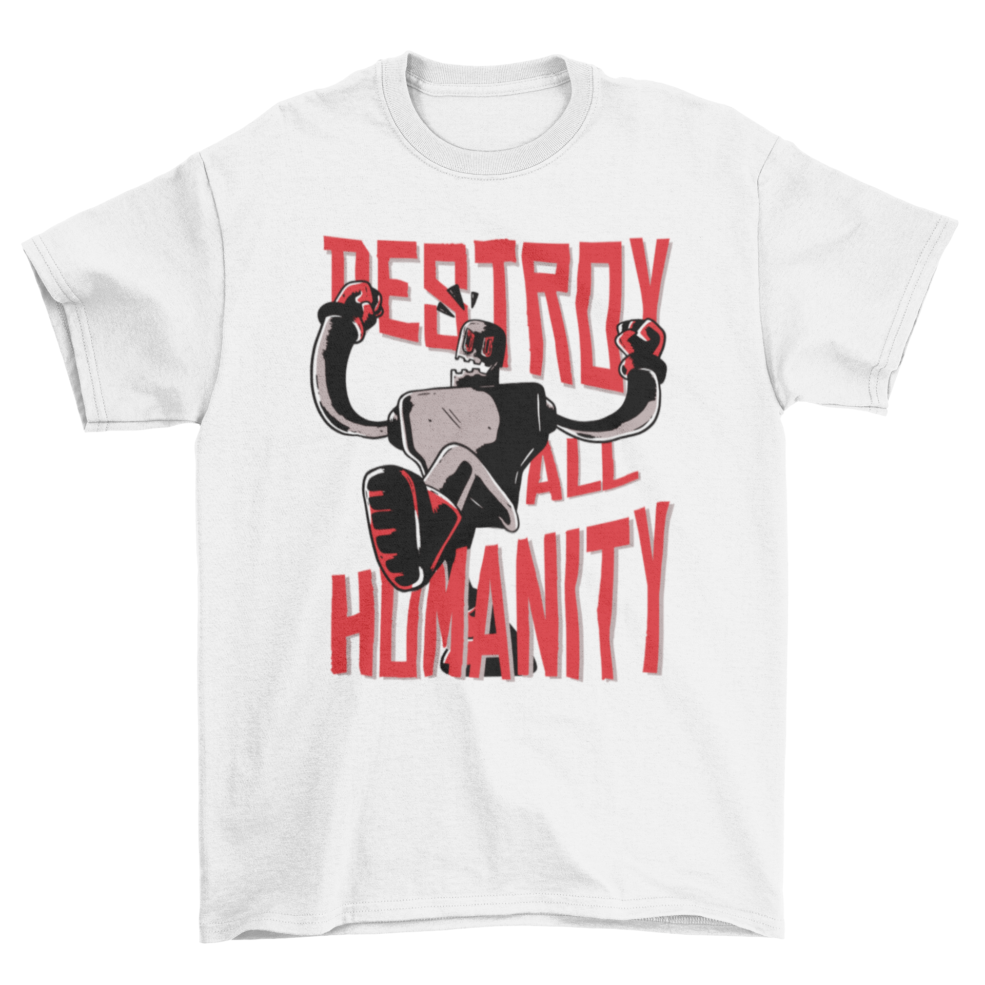 A stylish t-shirt featuring a bold design with the text 'Destroy All Humanity' and an angry robot graphic, perfect for sci-fi fans.