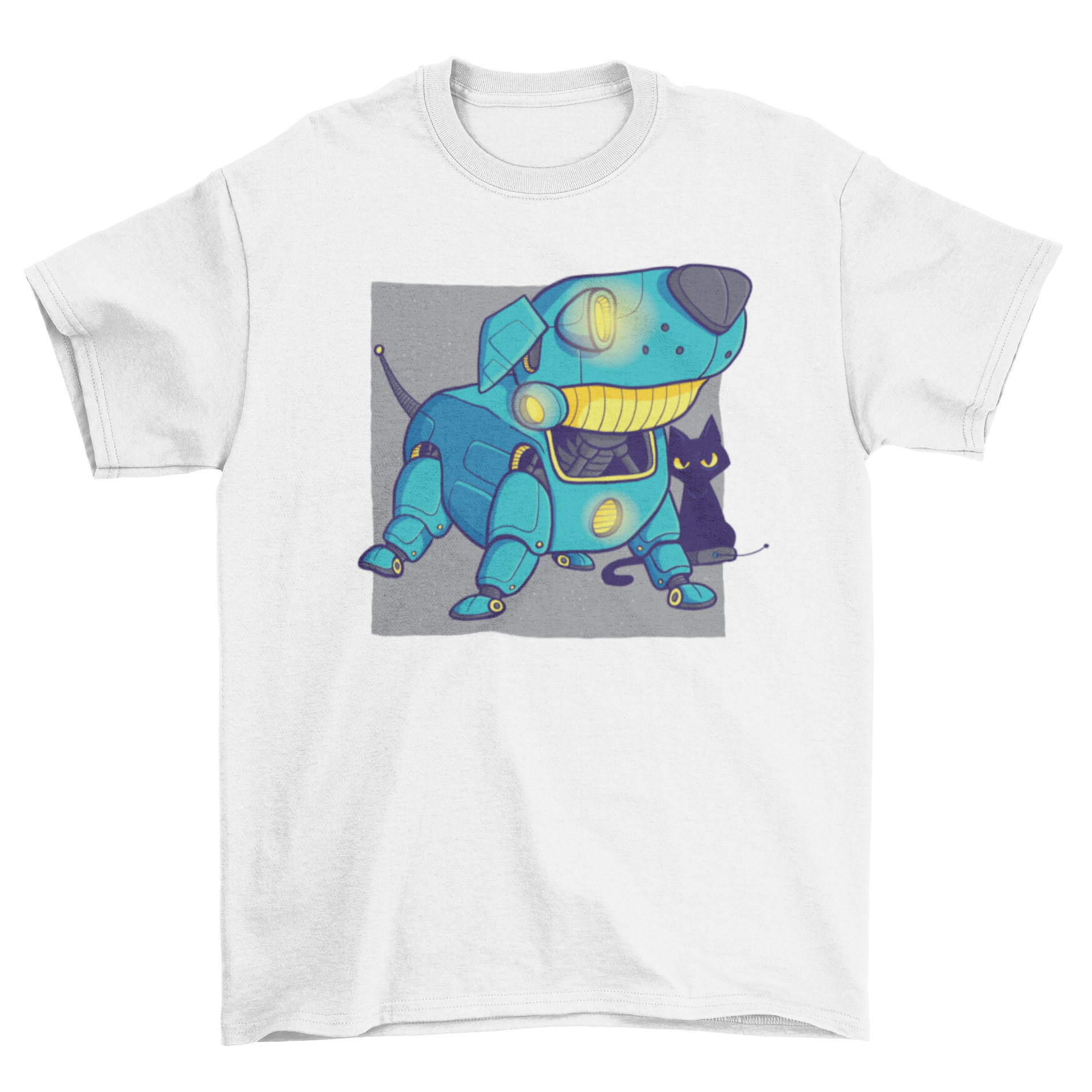 A vibrant t-shirt featuring a cartoon blue robot dog and a black cat sitting on a game controller, showcasing a playful design.