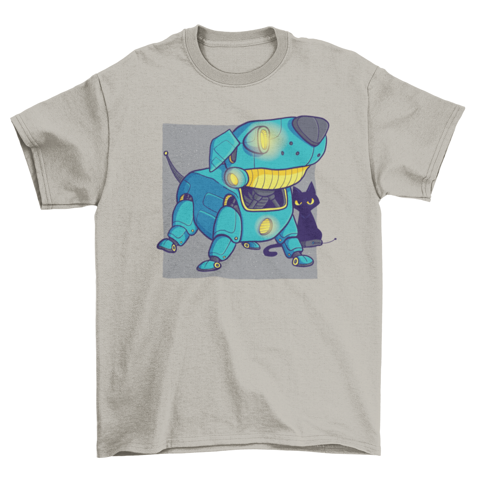 A vibrant t-shirt featuring a cartoon blue robot dog and a black cat sitting on a game controller, showcasing a playful design.