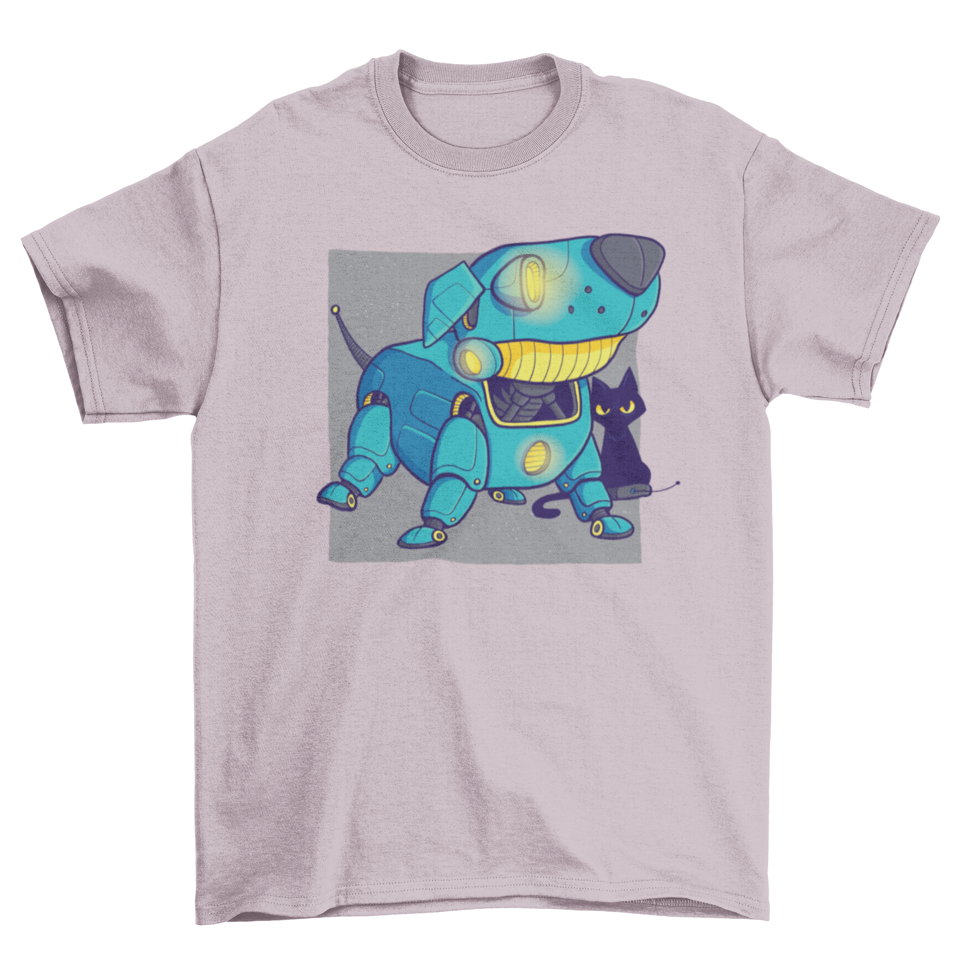 A vibrant t-shirt featuring a cartoon blue robot dog and a black cat sitting on a game controller, showcasing a playful design.