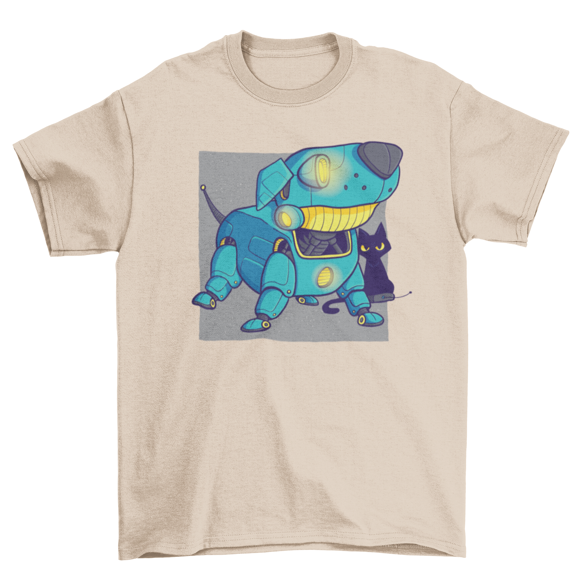 A vibrant t-shirt featuring a cartoon blue robot dog and a black cat sitting on a game controller, showcasing a playful design.