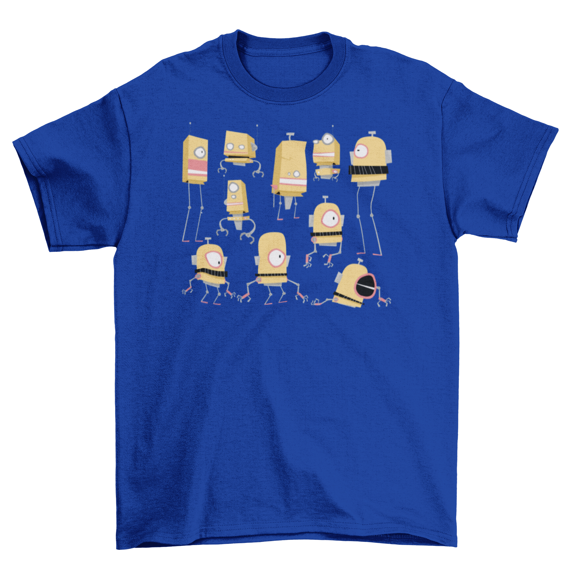 A colorful t-shirt featuring a cartoon design of a robot family with various shapes and sizes, showcasing a playful and fun style.