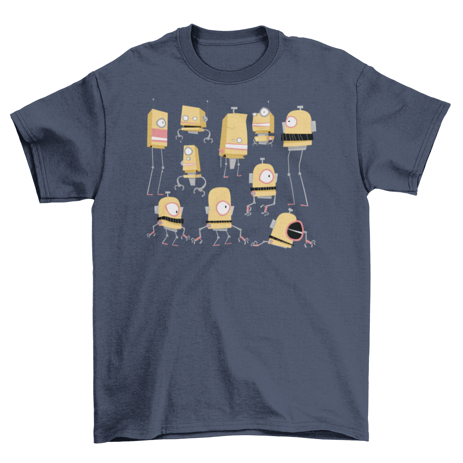 A colorful t-shirt featuring a cartoon design of a robot family with various shapes and sizes, showcasing a playful and fun style.