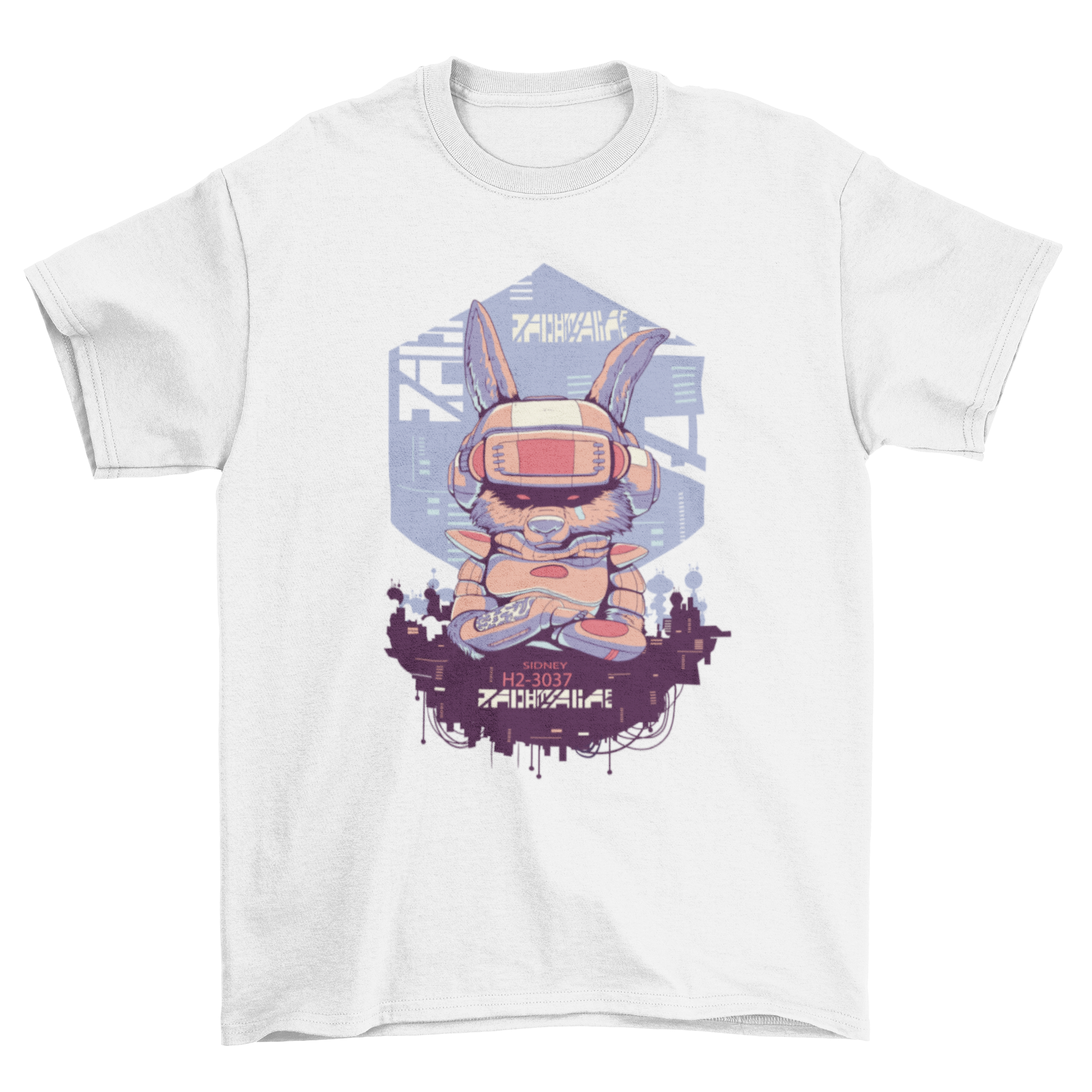 A stylish t-shirt featuring a futuristic rabbit in a helmet and robotic suit, set against a vibrant cyber urban city background.