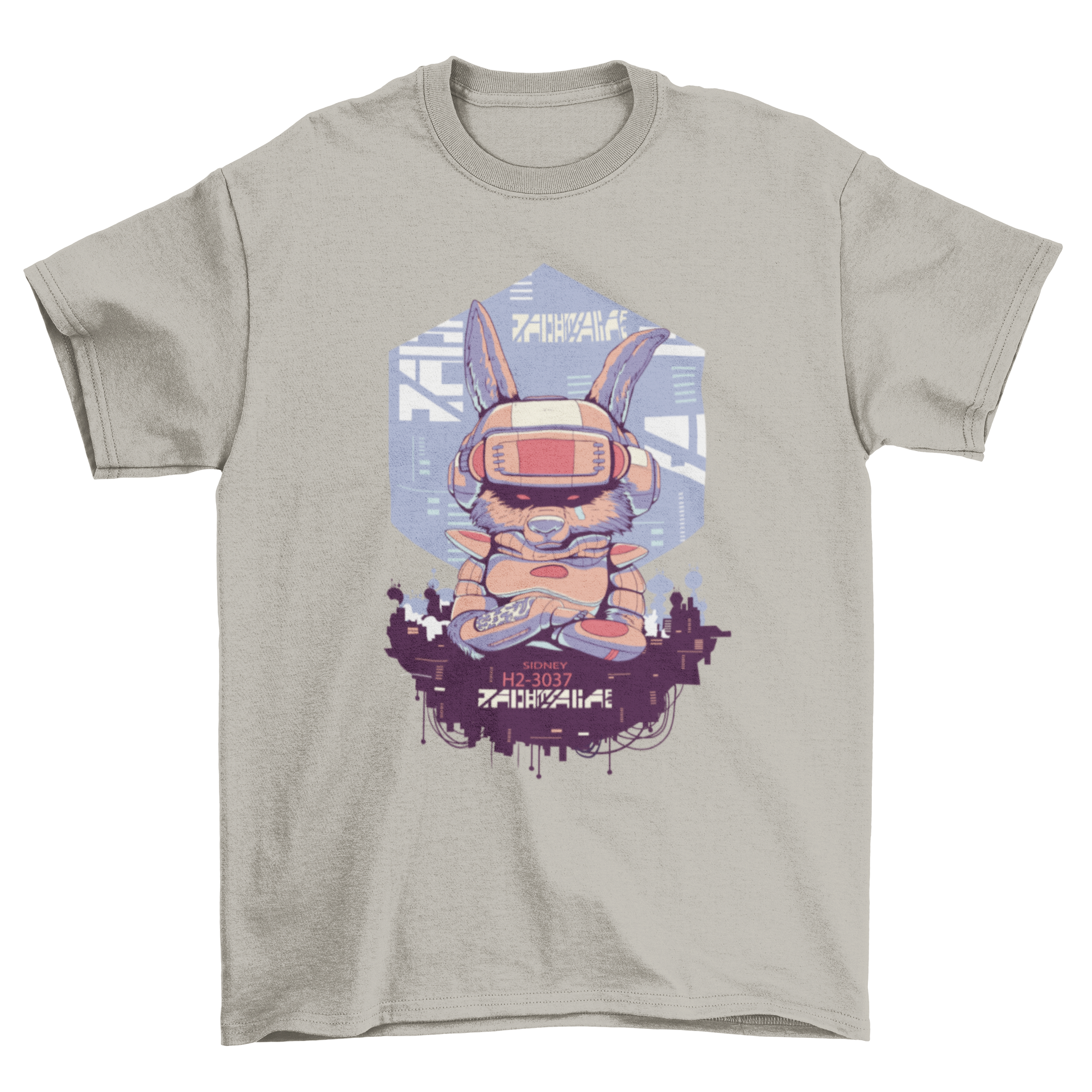 A stylish t-shirt featuring a futuristic rabbit in a helmet and robotic suit, set against a vibrant cyber urban city background.