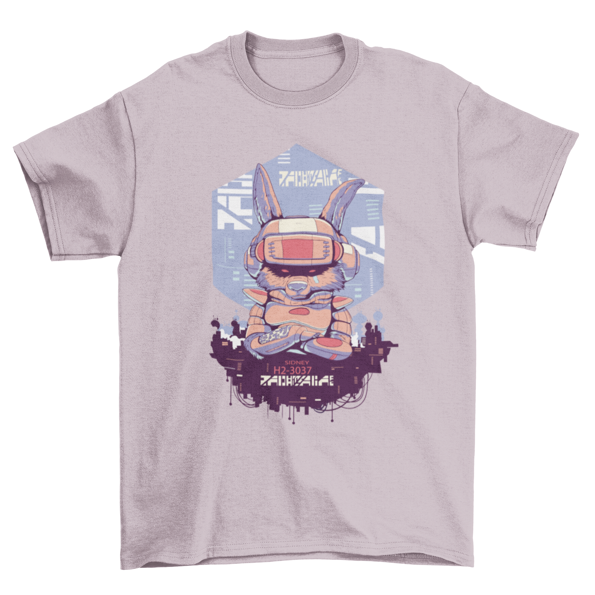 A stylish t-shirt featuring a futuristic rabbit in a helmet and robotic suit, set against a vibrant cyber urban city background.