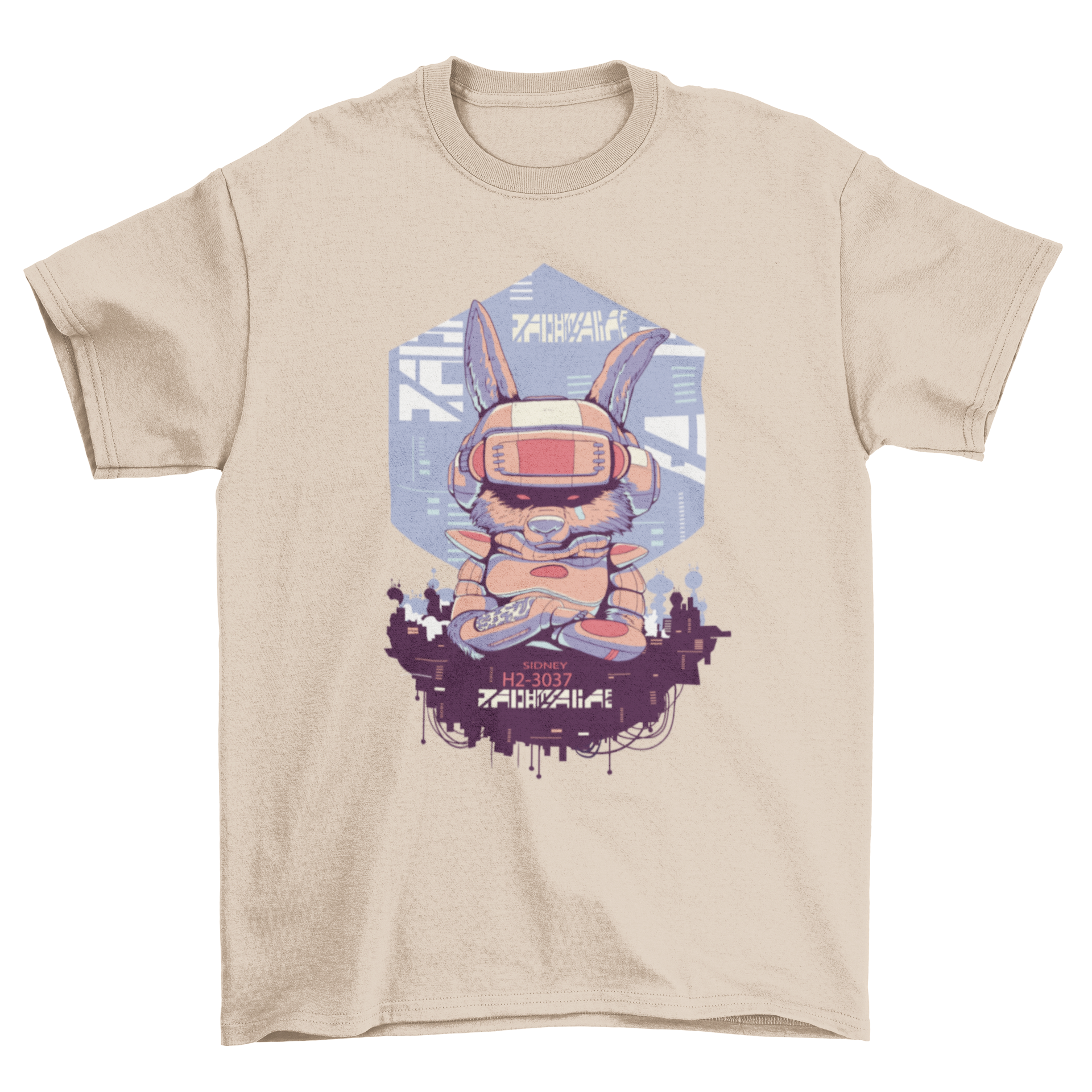 A stylish t-shirt featuring a futuristic rabbit in a helmet and robotic suit, set against a vibrant cyber urban city background.