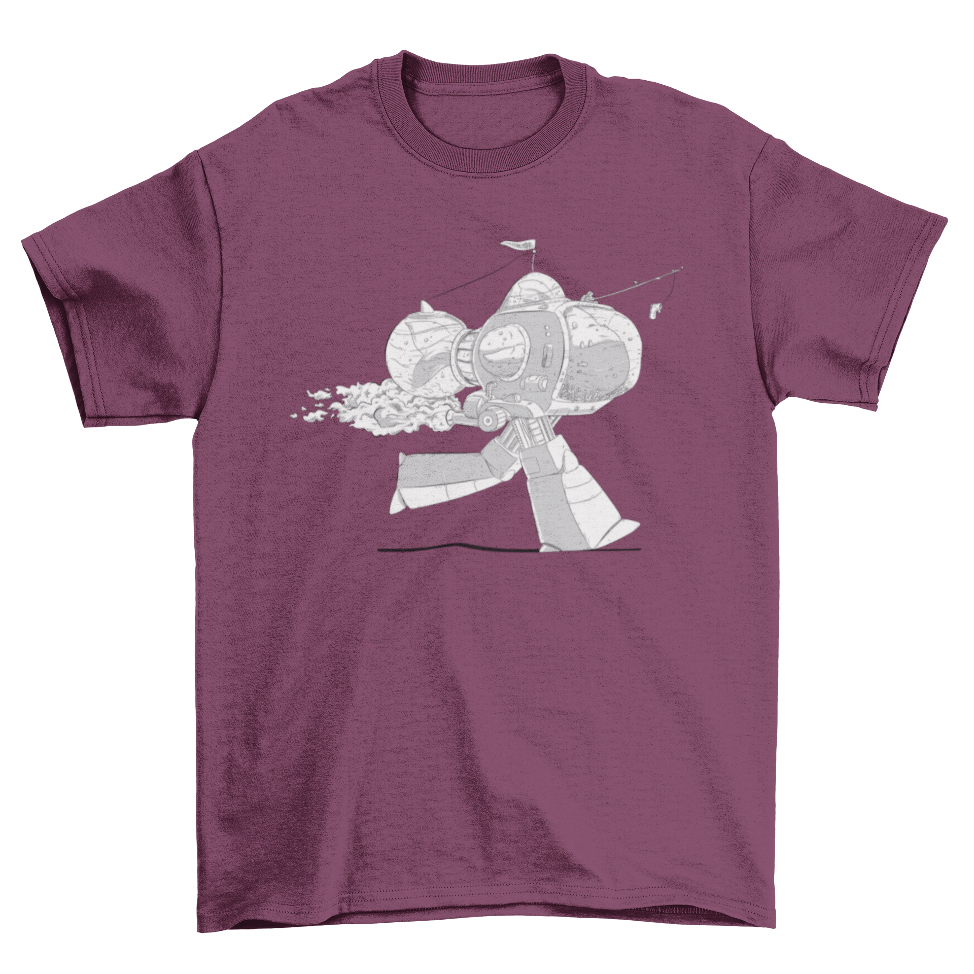 Robot Shark T-shirt featuring a fish in a robot suit engaged in running activity, showcasing a playful and unique design.