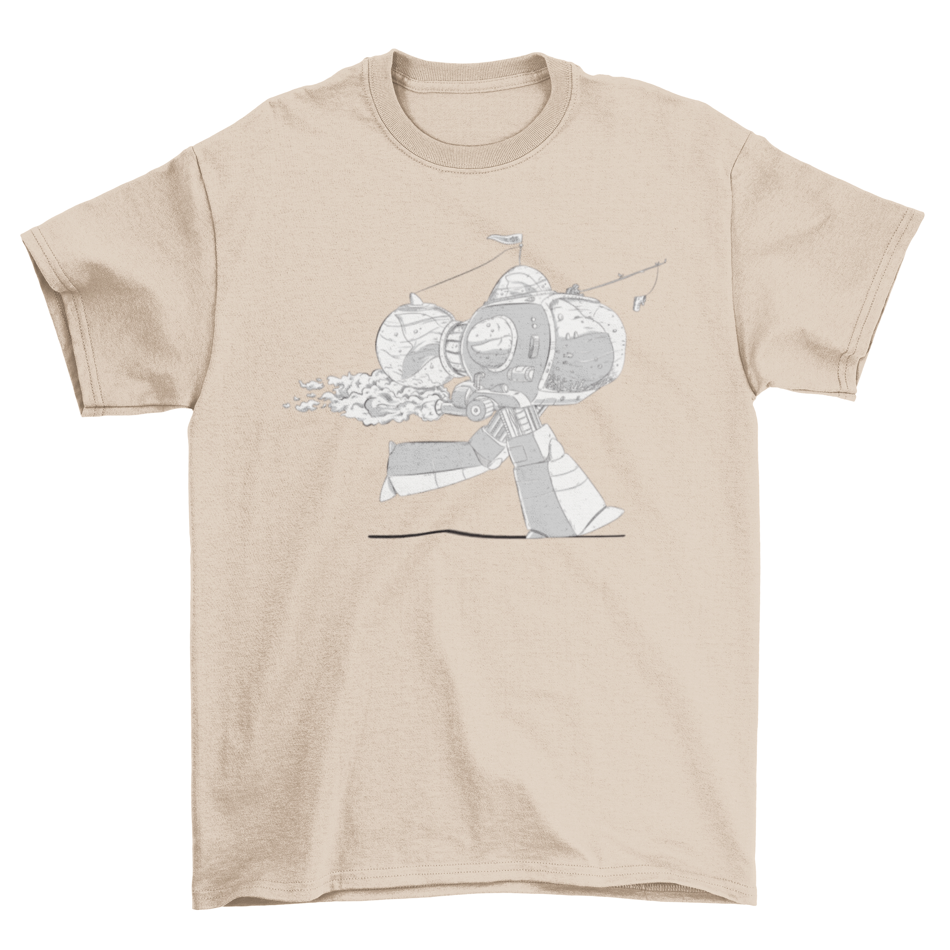 Robot Shark T-shirt featuring a fish in a robot suit engaged in running activity, showcasing a playful and unique design.