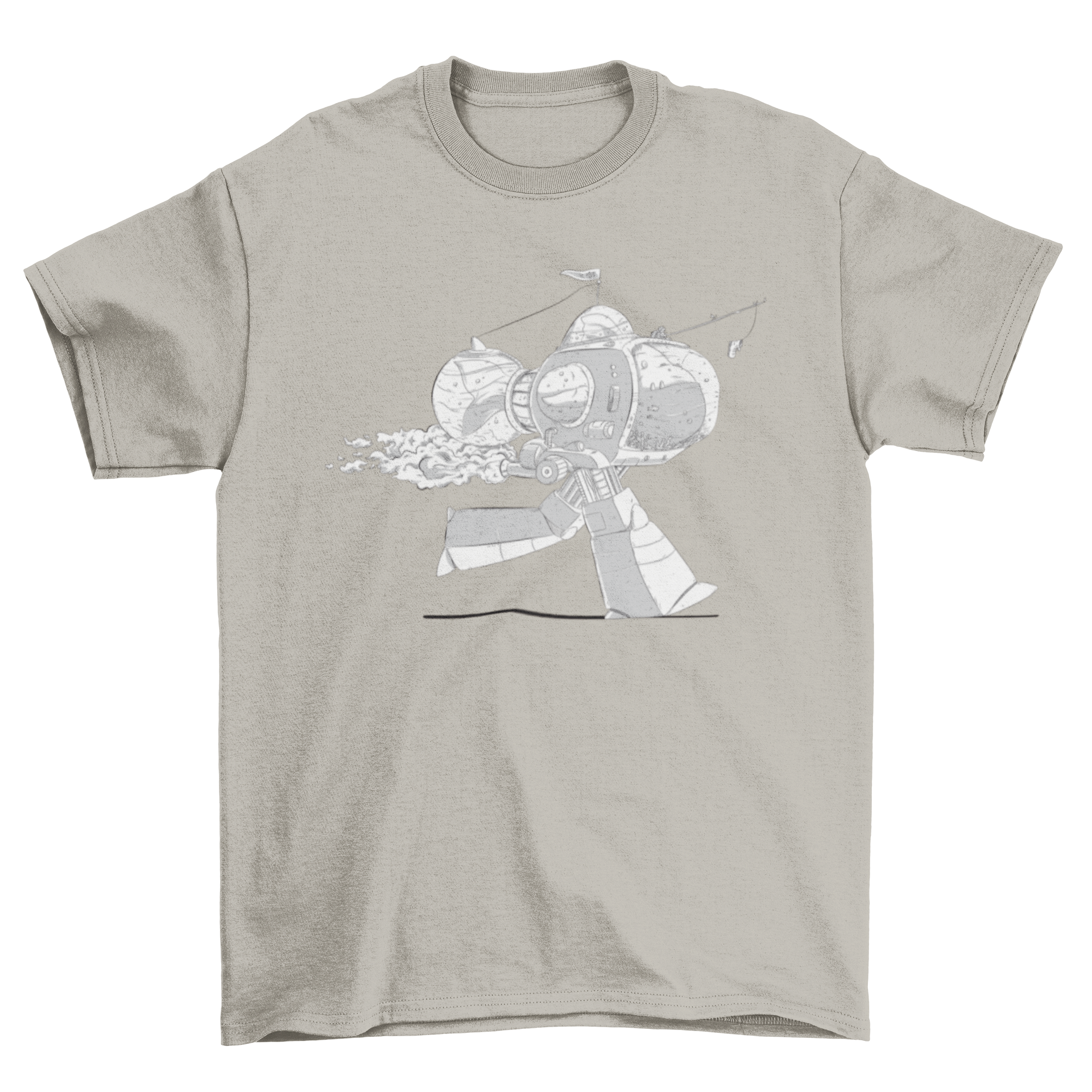 Robot Shark T-shirt featuring a fish in a robot suit engaged in running activity, showcasing a playful and unique design.