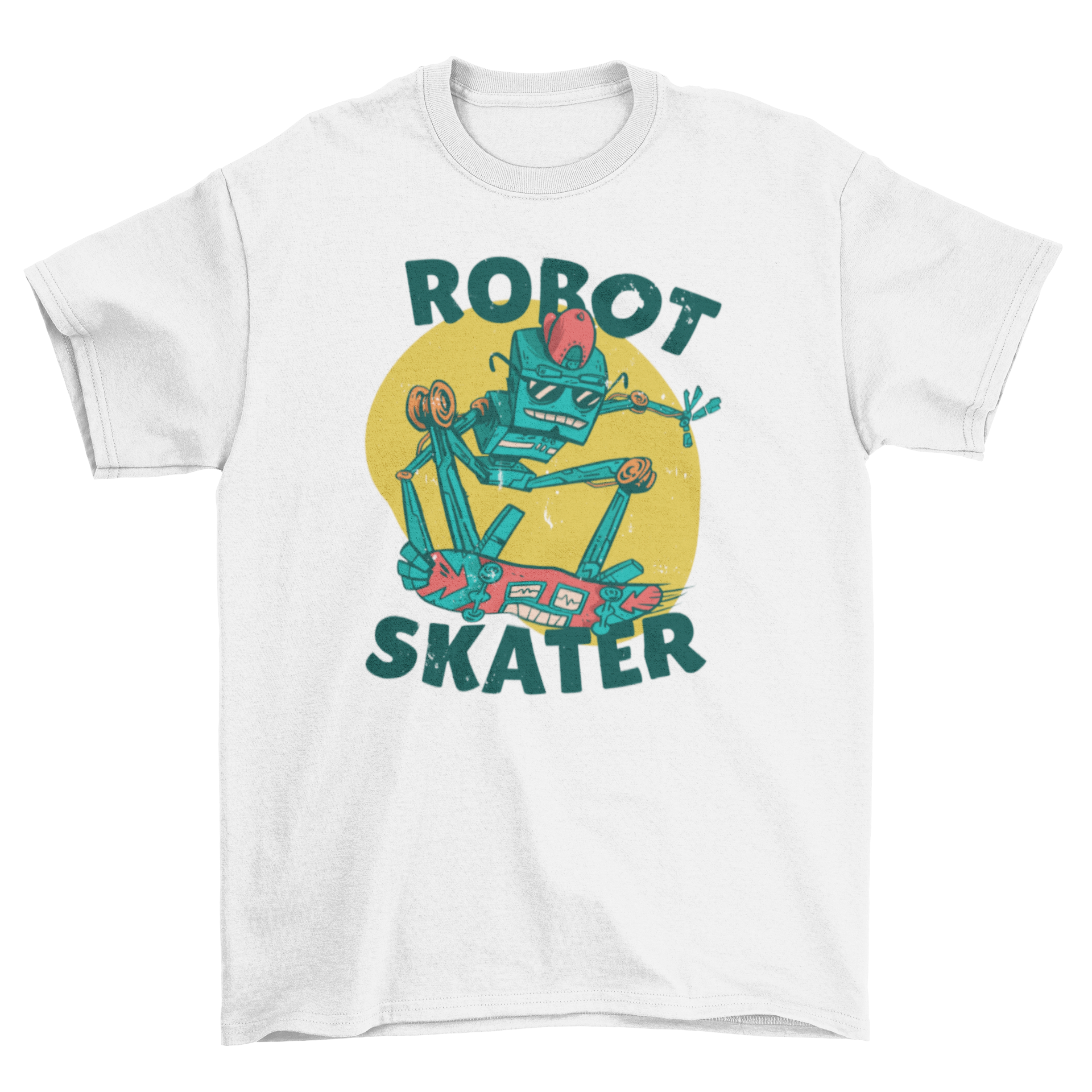 A stylish t-shirt featuring a colorful illustration of a robot skating, perfect for casual wear.