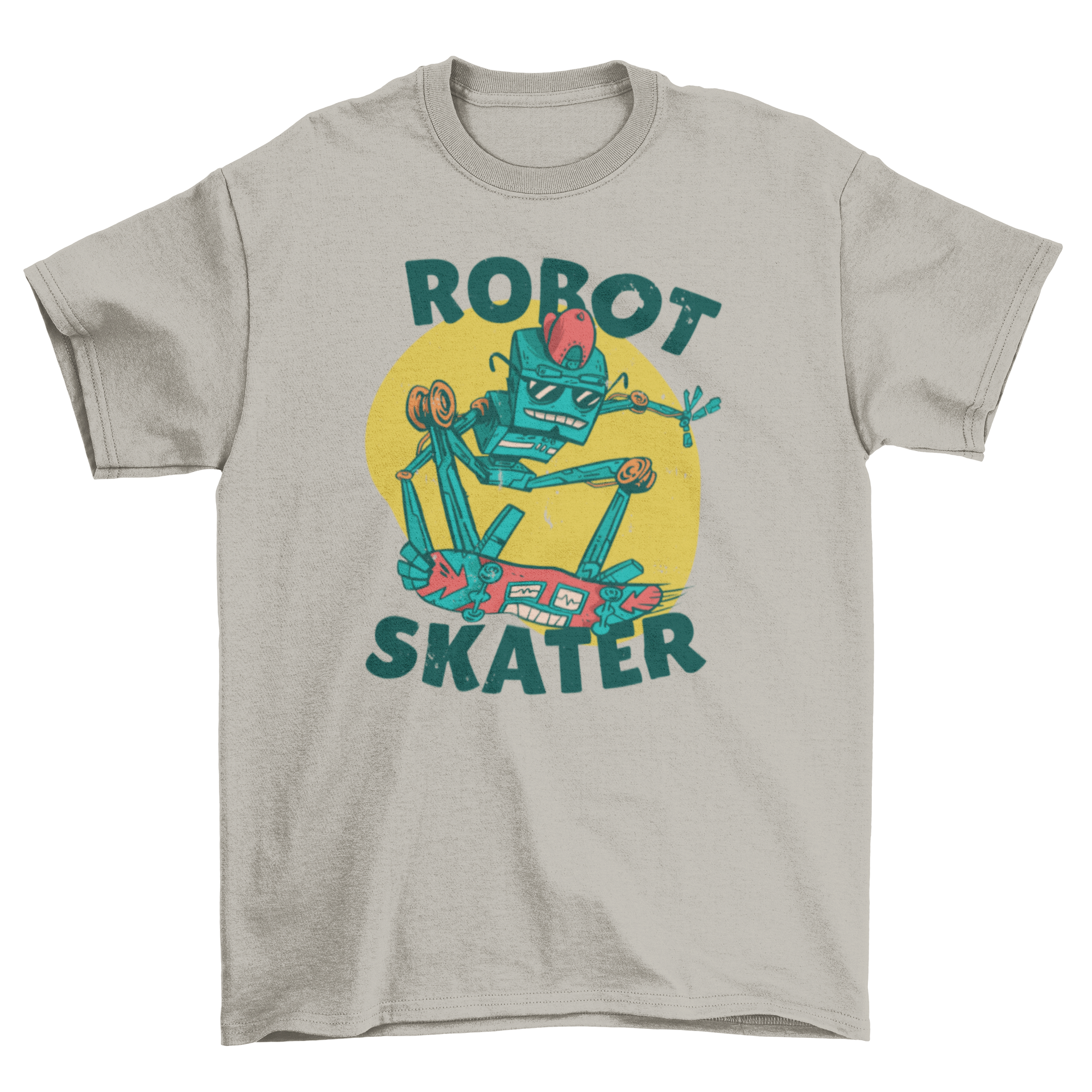 A stylish t-shirt featuring a colorful illustration of a robot skating, perfect for casual wear.