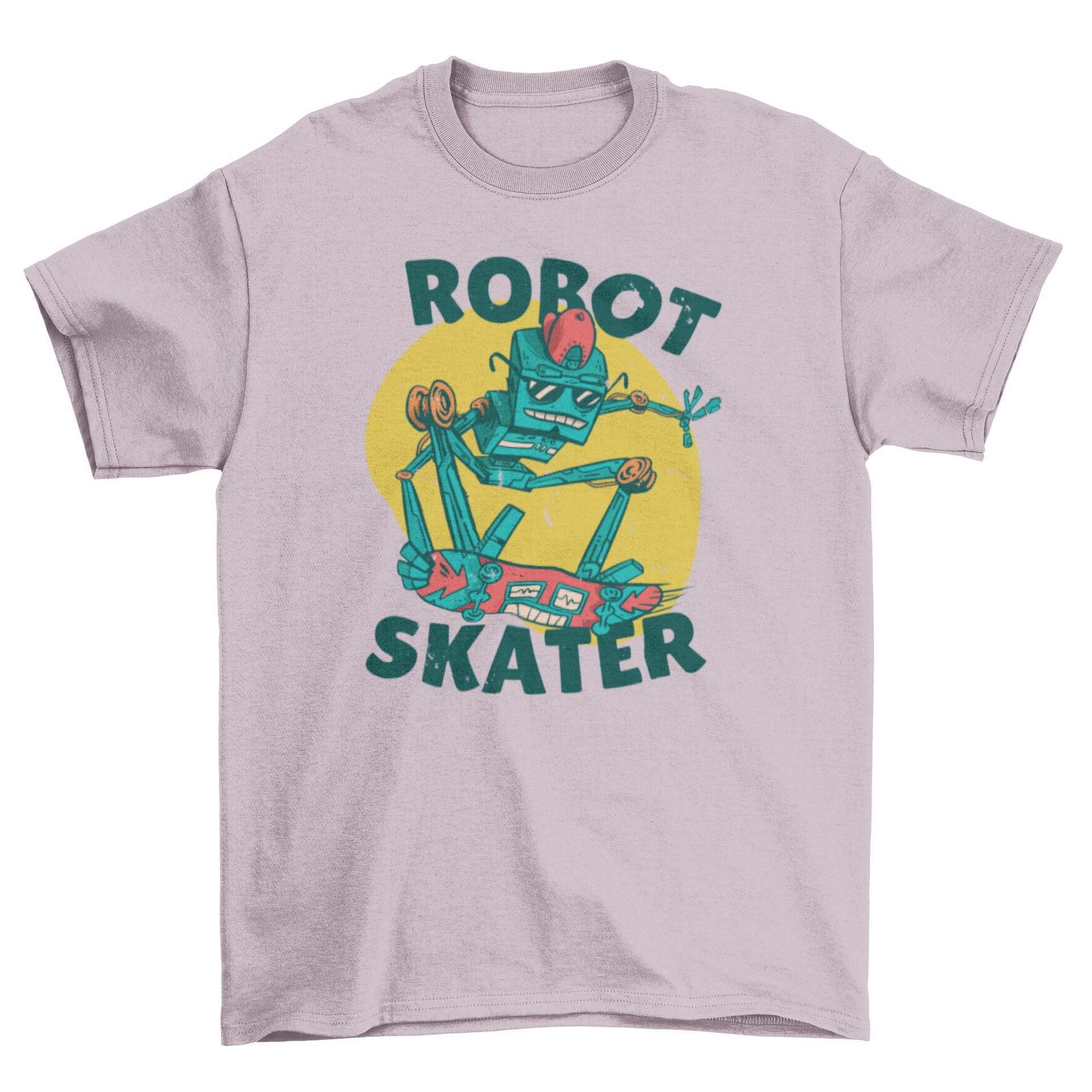 A stylish t-shirt featuring a colorful illustration of a robot skating, perfect for casual wear.