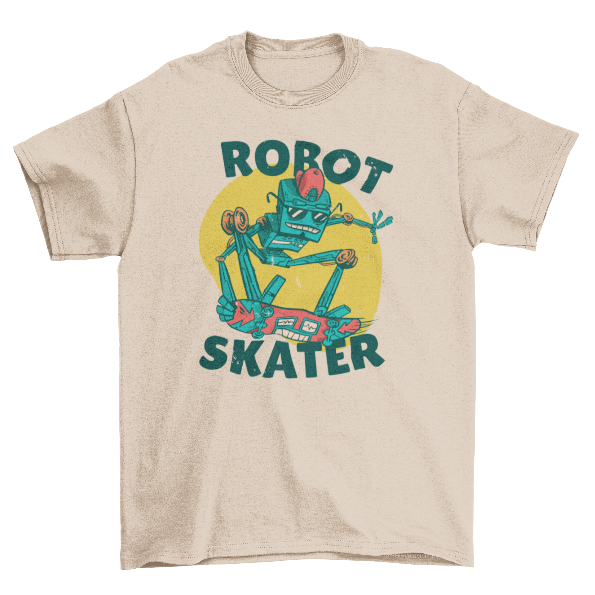 A stylish t-shirt featuring a colorful illustration of a robot skating, perfect for casual wear.