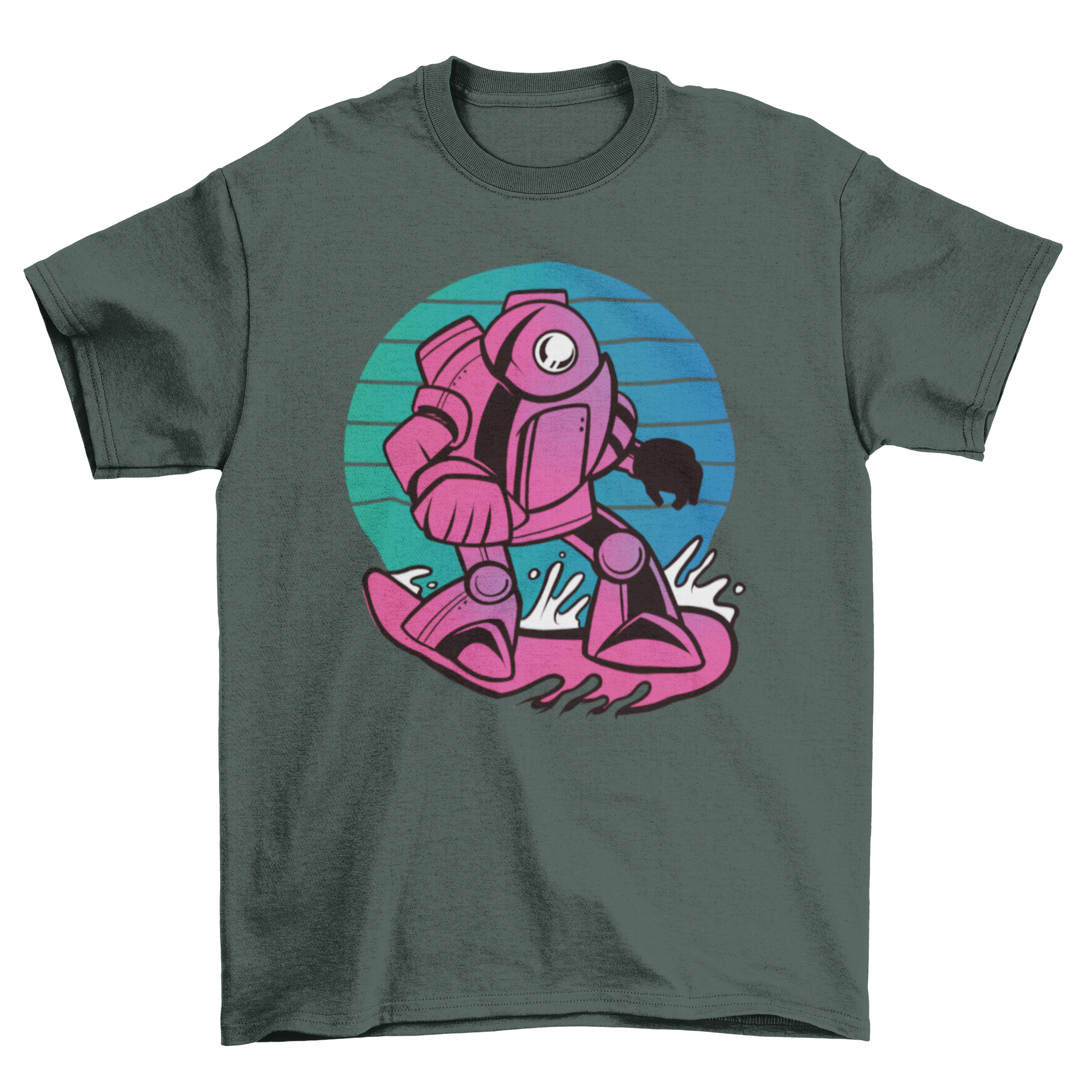 A stylish t-shirt featuring a retro design of a robot snowboarding on a snowy slope.