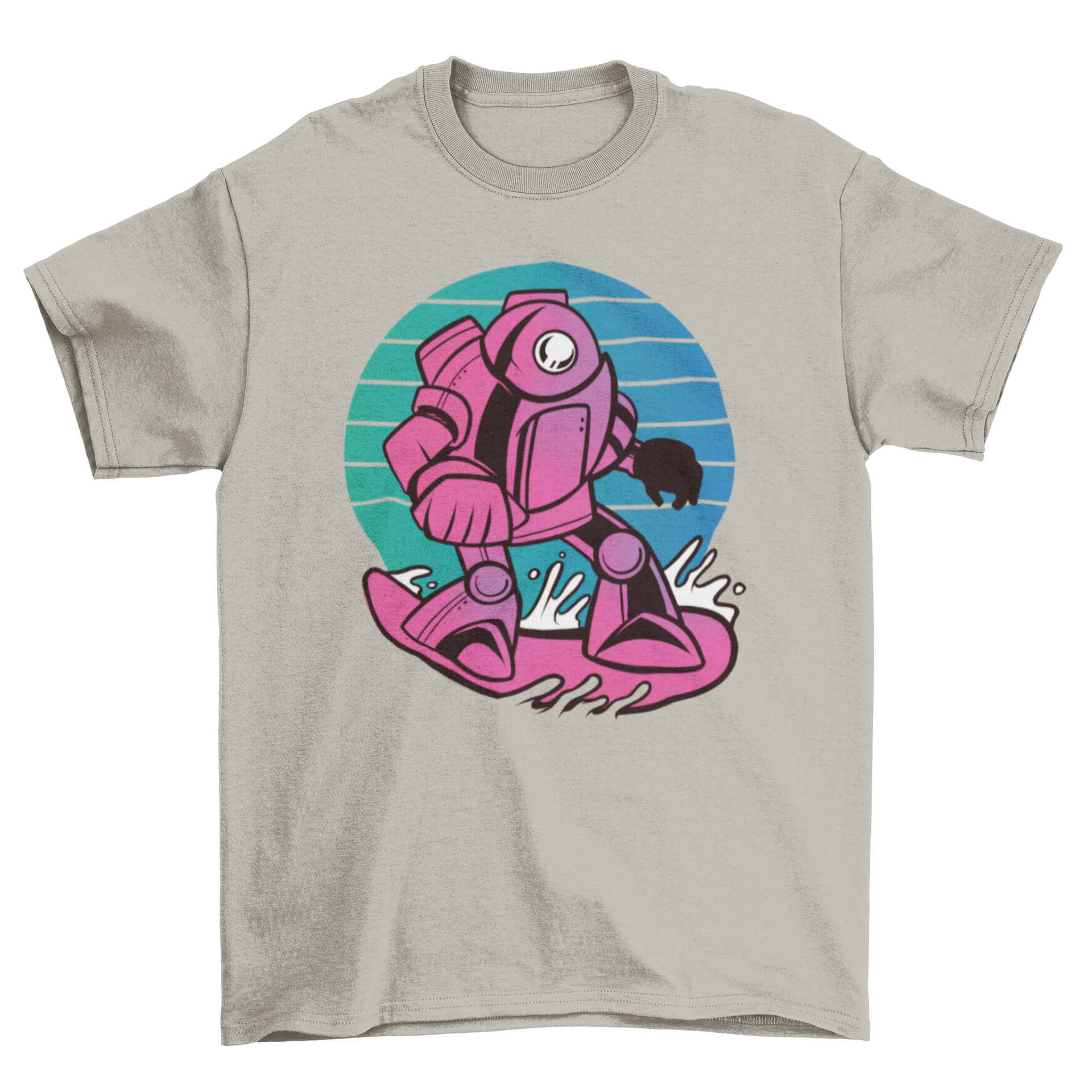 A stylish t-shirt featuring a retro design of a robot snowboarding on a snowy slope.