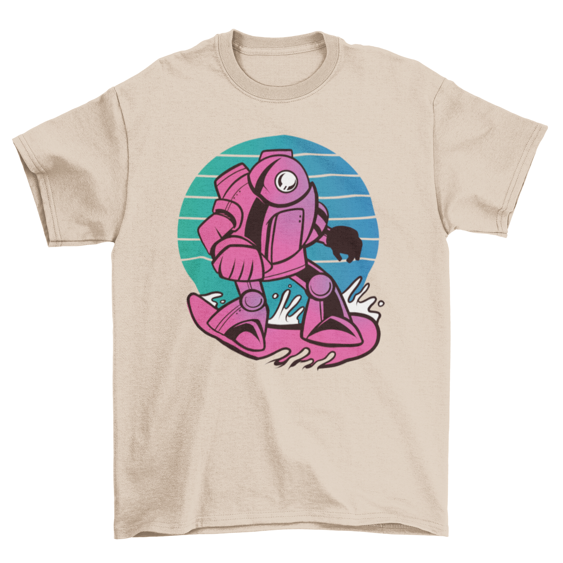 A stylish t-shirt featuring a retro design of a robot snowboarding on a snowy slope.