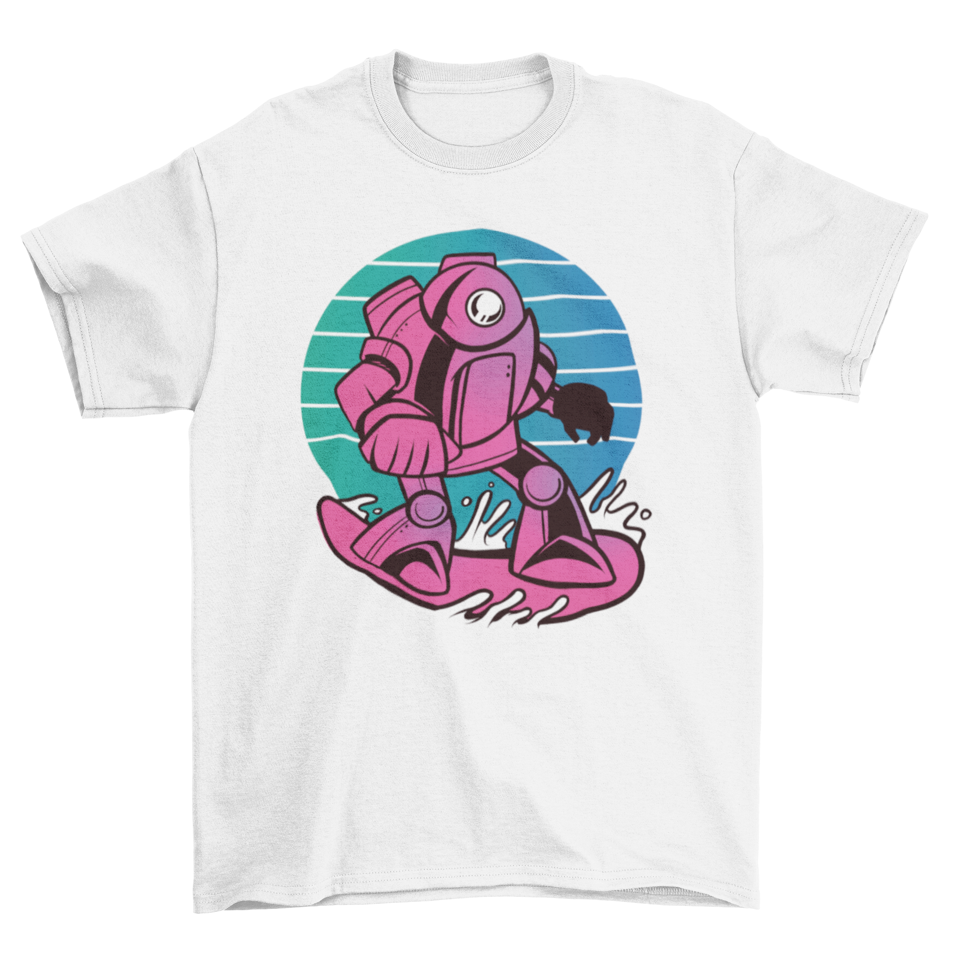 A stylish t-shirt featuring a retro design of a robot snowboarding on a snowy slope.