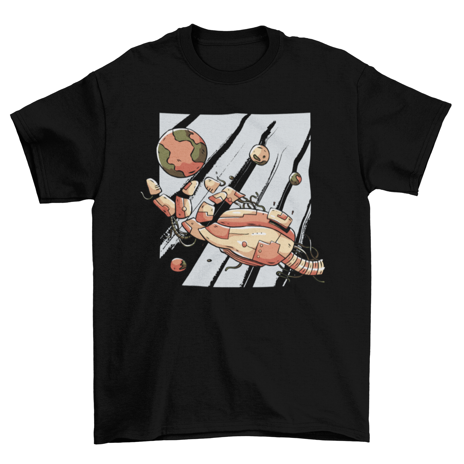 A graphic T-shirt featuring a broken robotic hand with planets floating around it, showcasing a unique sci-fi design.