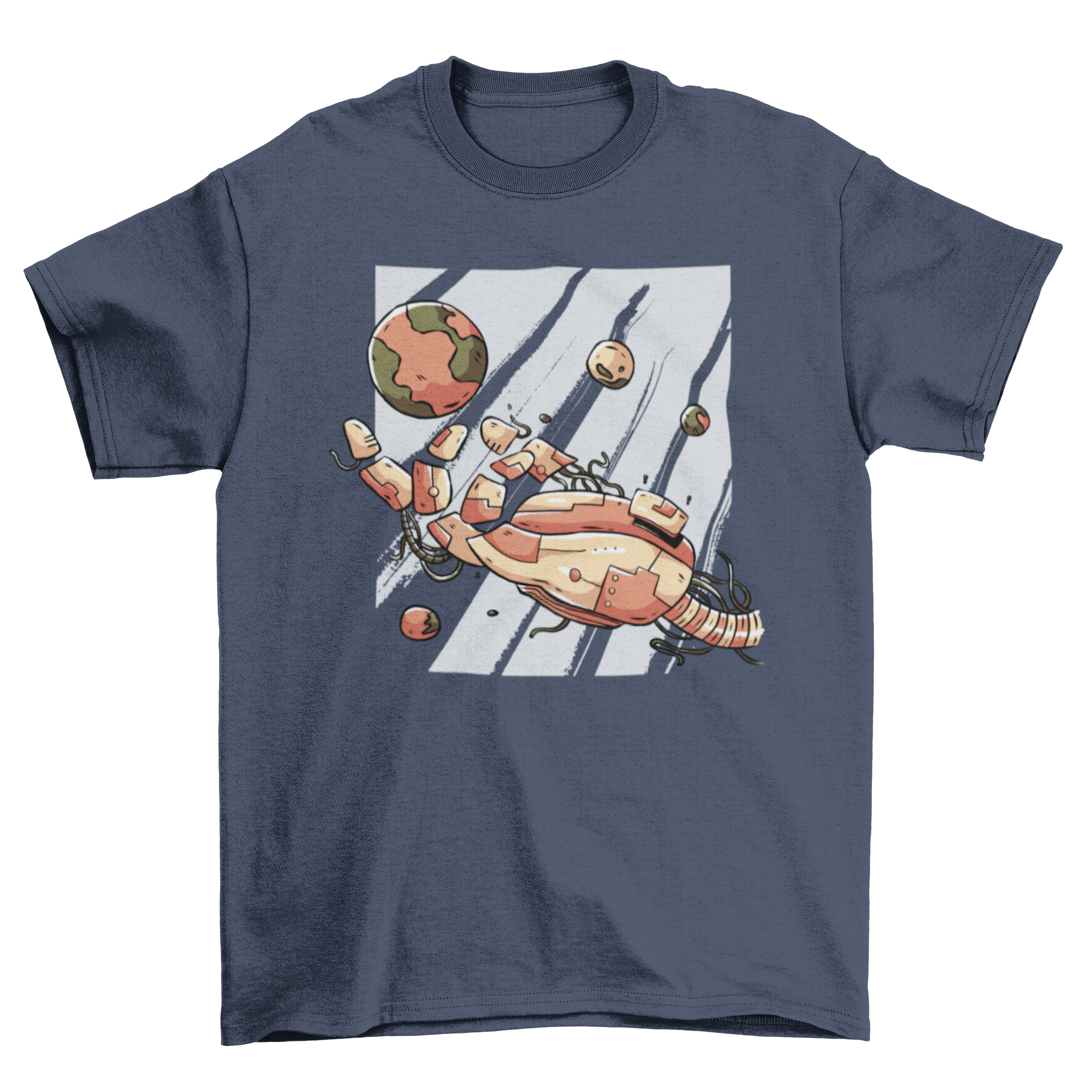 A graphic T-shirt featuring a broken robotic hand with planets floating around it, showcasing a unique sci-fi design.