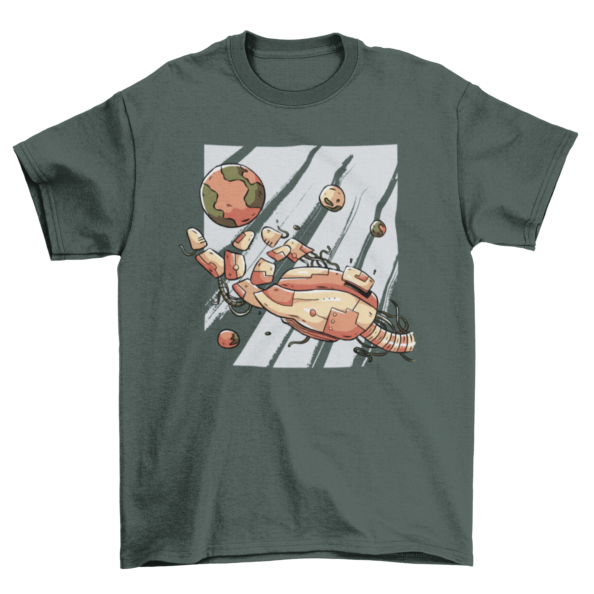 A graphic T-shirt featuring a broken robotic hand with planets floating around it, showcasing a unique sci-fi design.