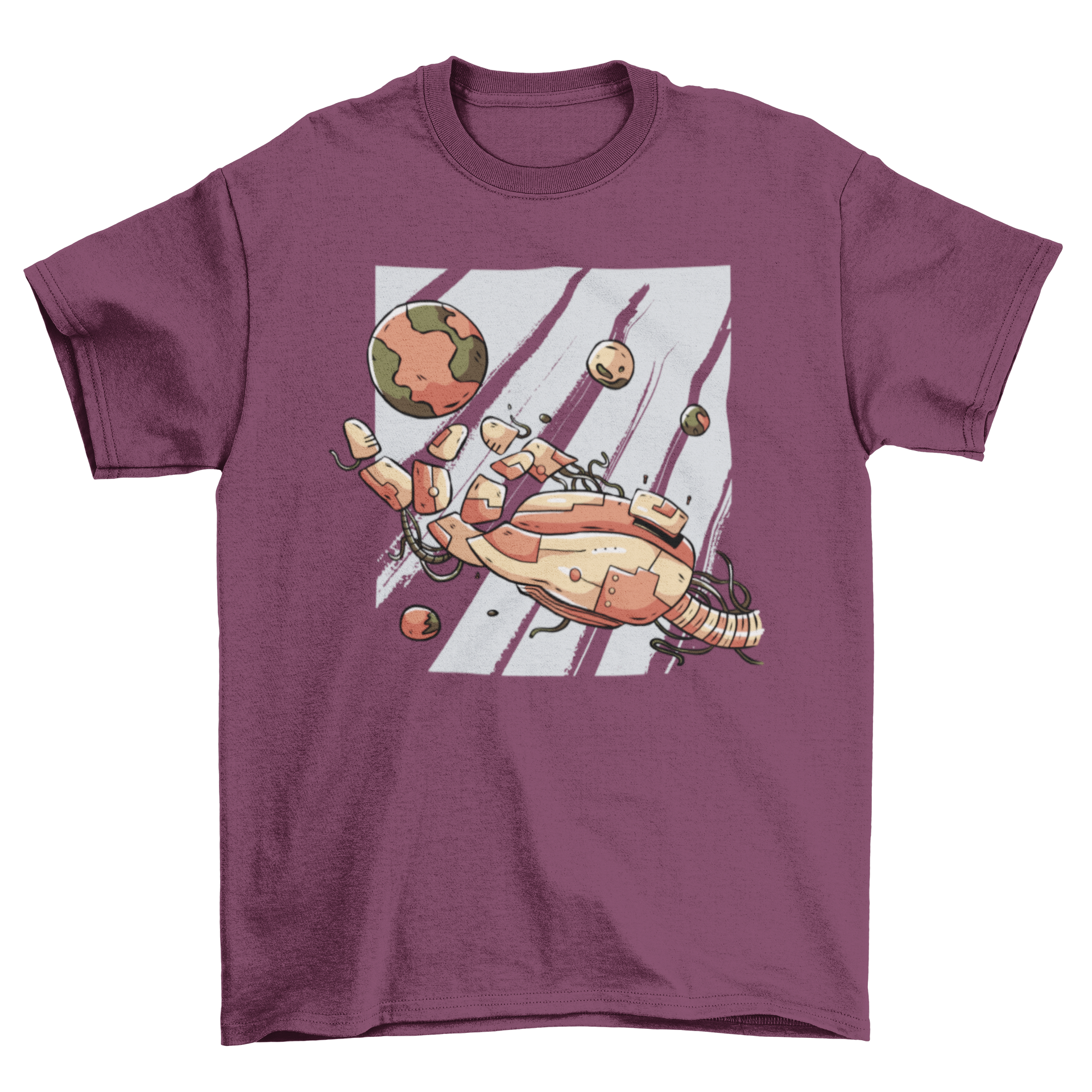 A graphic T-shirt featuring a broken robotic hand with planets floating around it, showcasing a unique sci-fi design.