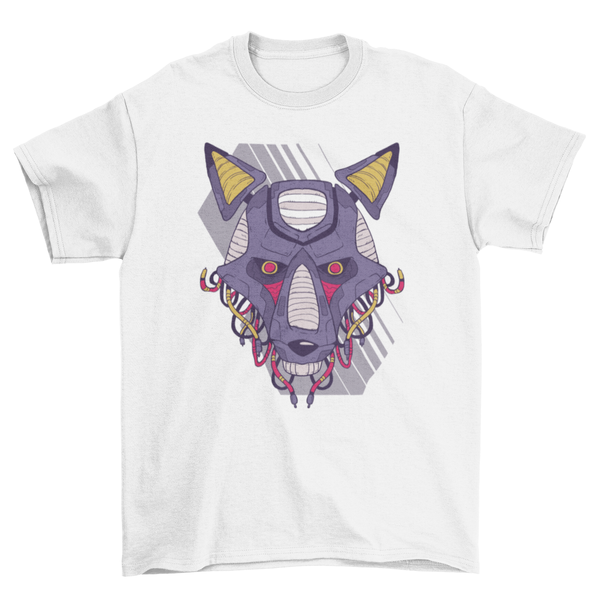 A detailed illustration of a purple robotic wolf t-shirt featuring an angry mechanical dog with red eyes and intricate wiring.