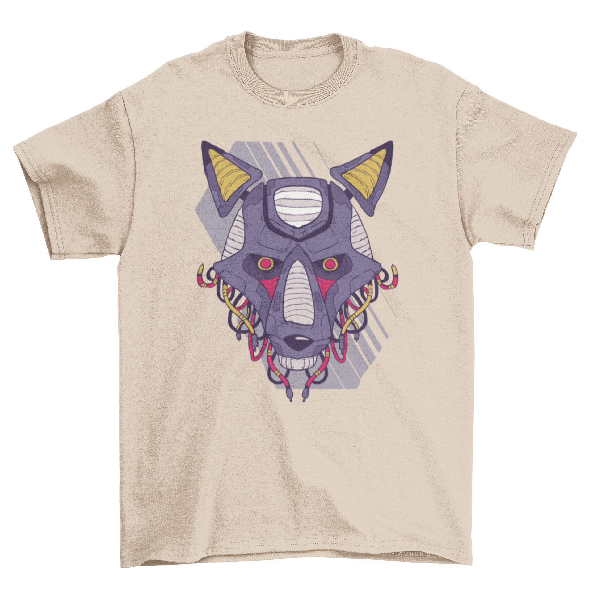 A detailed illustration of a purple robotic wolf t-shirt featuring an angry mechanical dog with red eyes and intricate wiring.