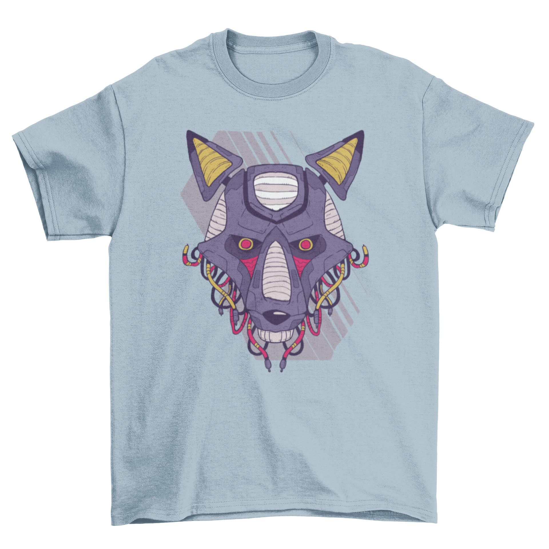 A detailed illustration of a purple robotic wolf t-shirt featuring an angry mechanical dog with red eyes and intricate wiring.