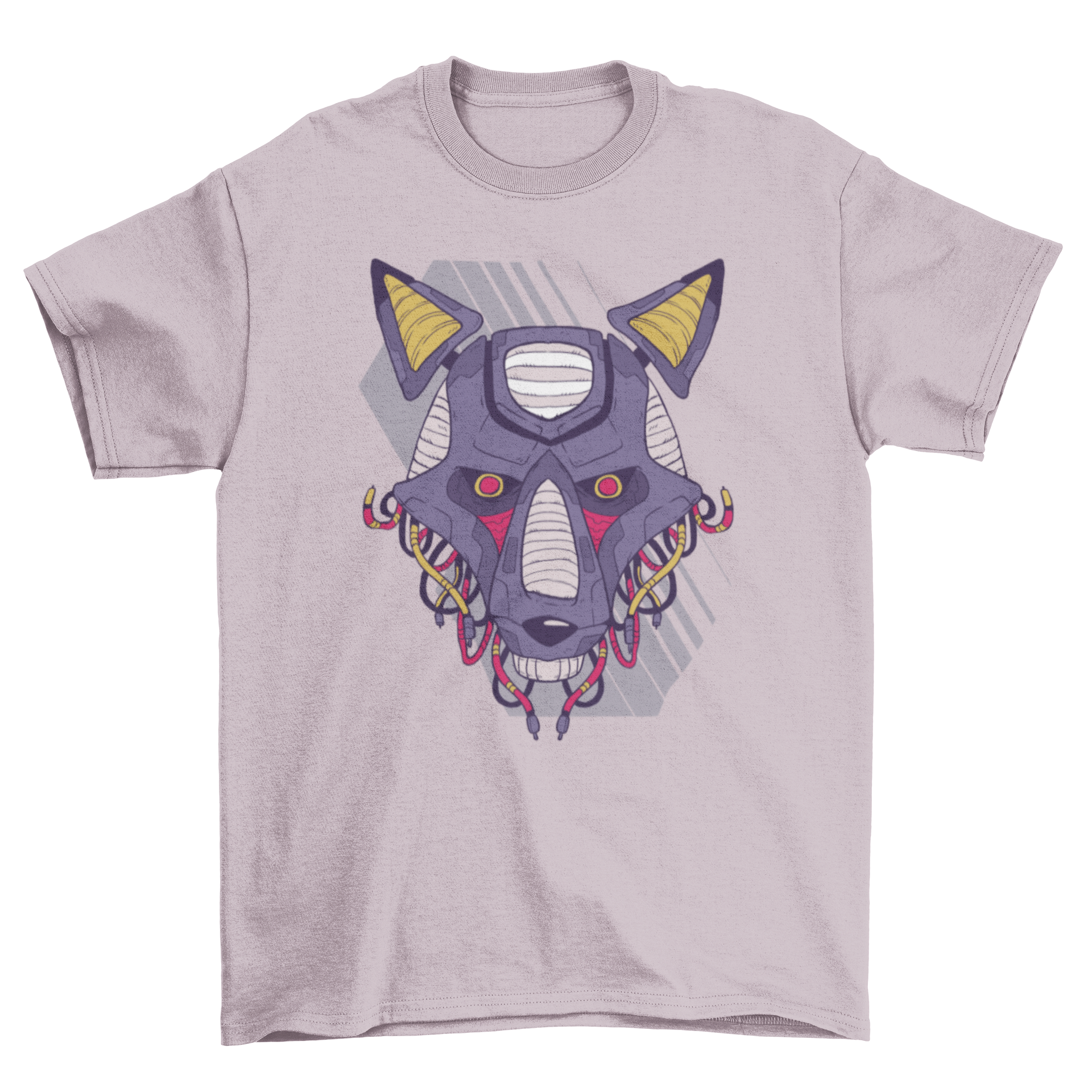 A detailed illustration of a purple robotic wolf t-shirt featuring an angry mechanical dog with red eyes and intricate wiring.