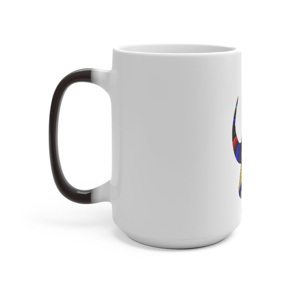 Rocino Color Changing Mug showcasing its vibrant color transformation when filled with hot liquid, featuring a rounded design and C-handle.