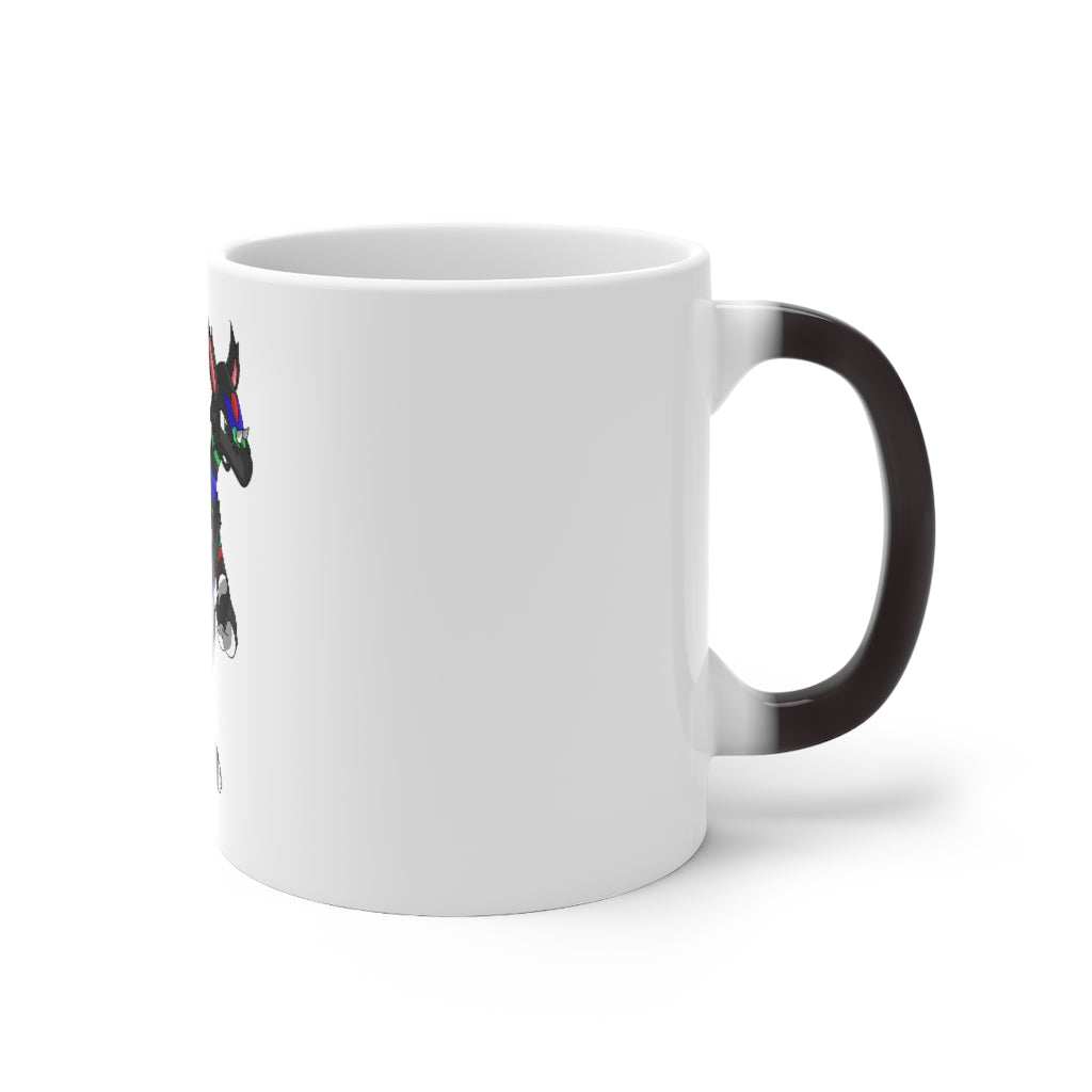 Rocino Color Changing Mug showcasing its vibrant color transformation when filled with hot liquid, featuring a rounded design and C-handle.