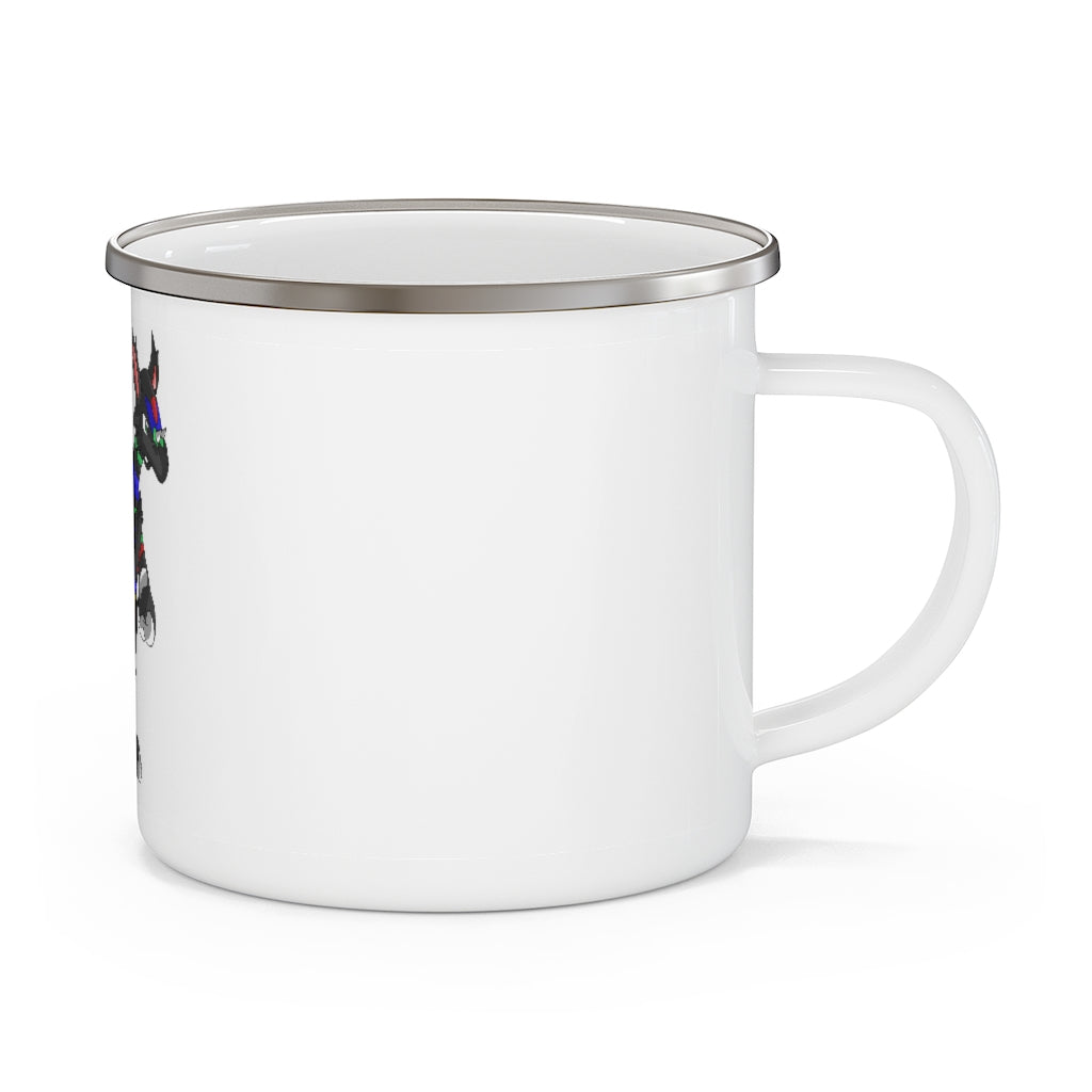 Rocino Enamel Camping Mug with a C-handle, showcasing a personalized design and durable enamel finish, perfect for outdoor adventures.