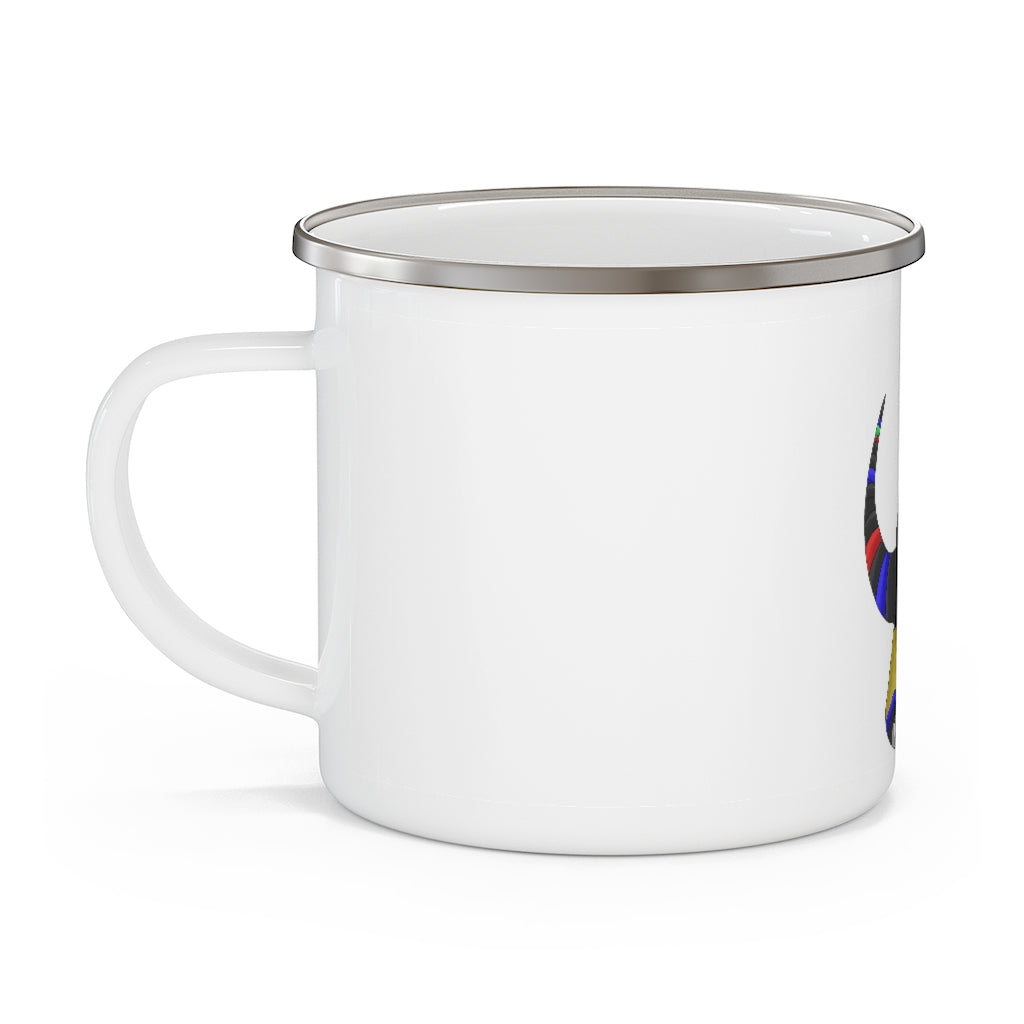 Rocino Enamel Camping Mug with a C-handle, showcasing a personalized design and durable enamel finish, perfect for outdoor adventures.