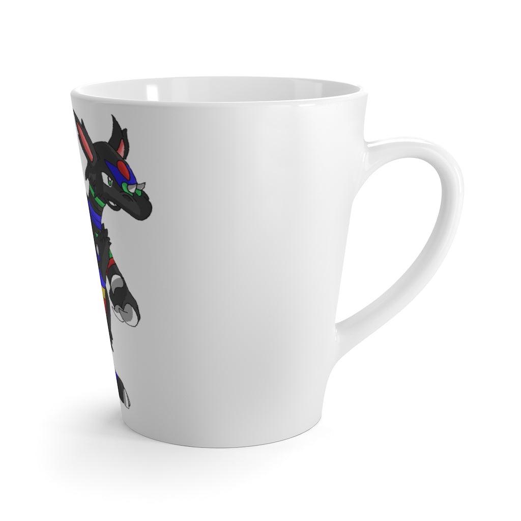 Rocino Latte Mug in white ceramic with a C-handle, showcasing its rounded corners and vibrant sublimation print.