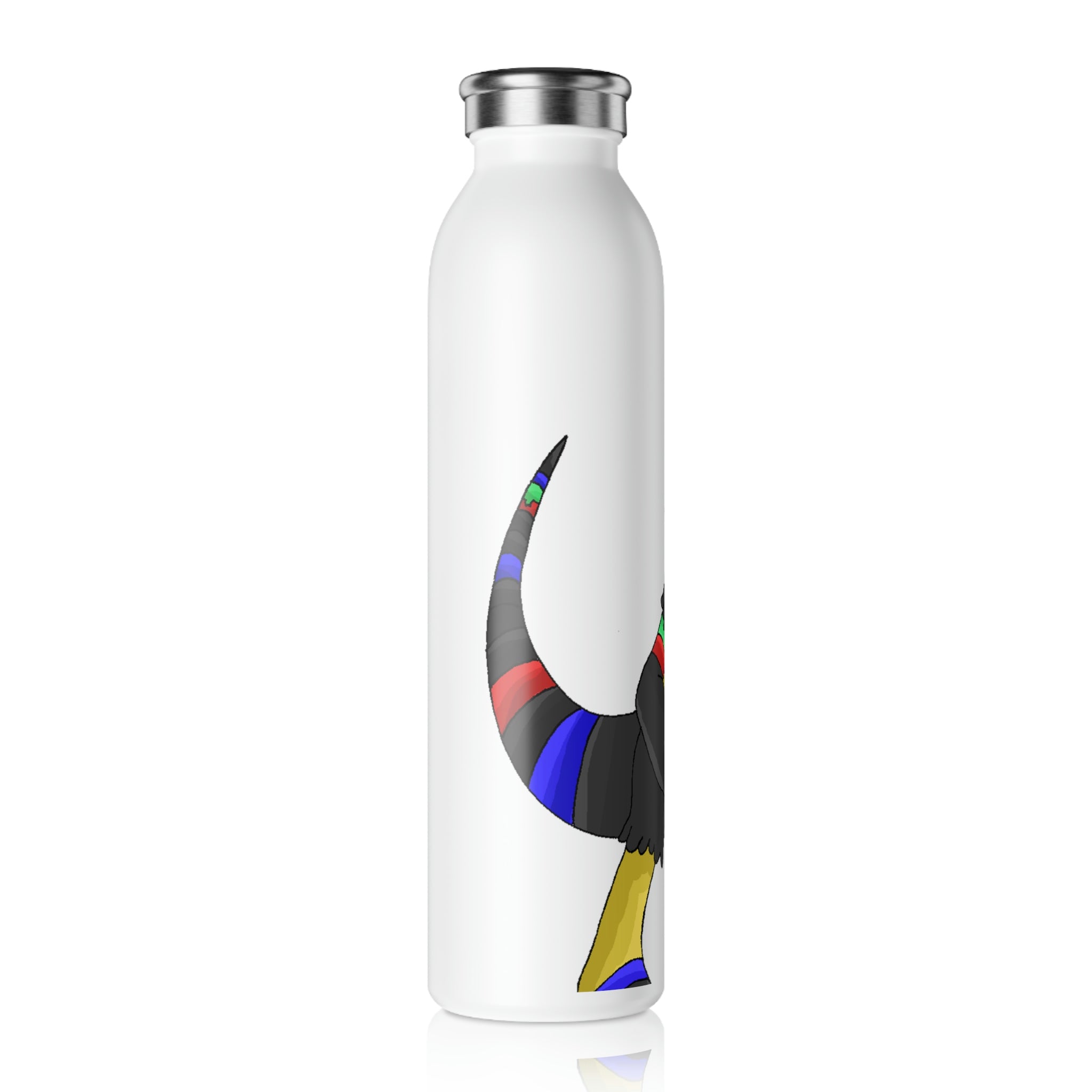 Rocino Slim Water Bottle with matte finish and silver stainless steel cap, showcasing vibrant personalized designs.