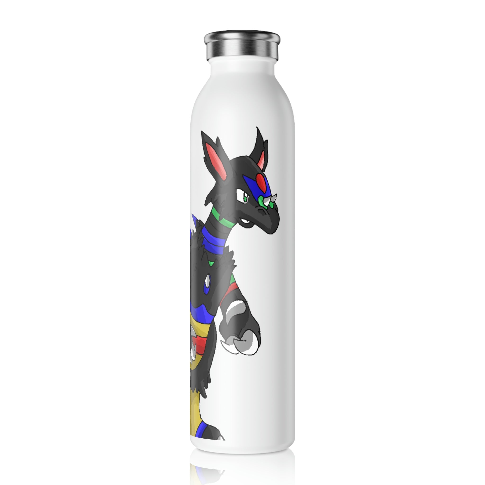 Rocino Slim Water Bottle with matte finish and silver stainless steel cap, showcasing vibrant personalized designs.