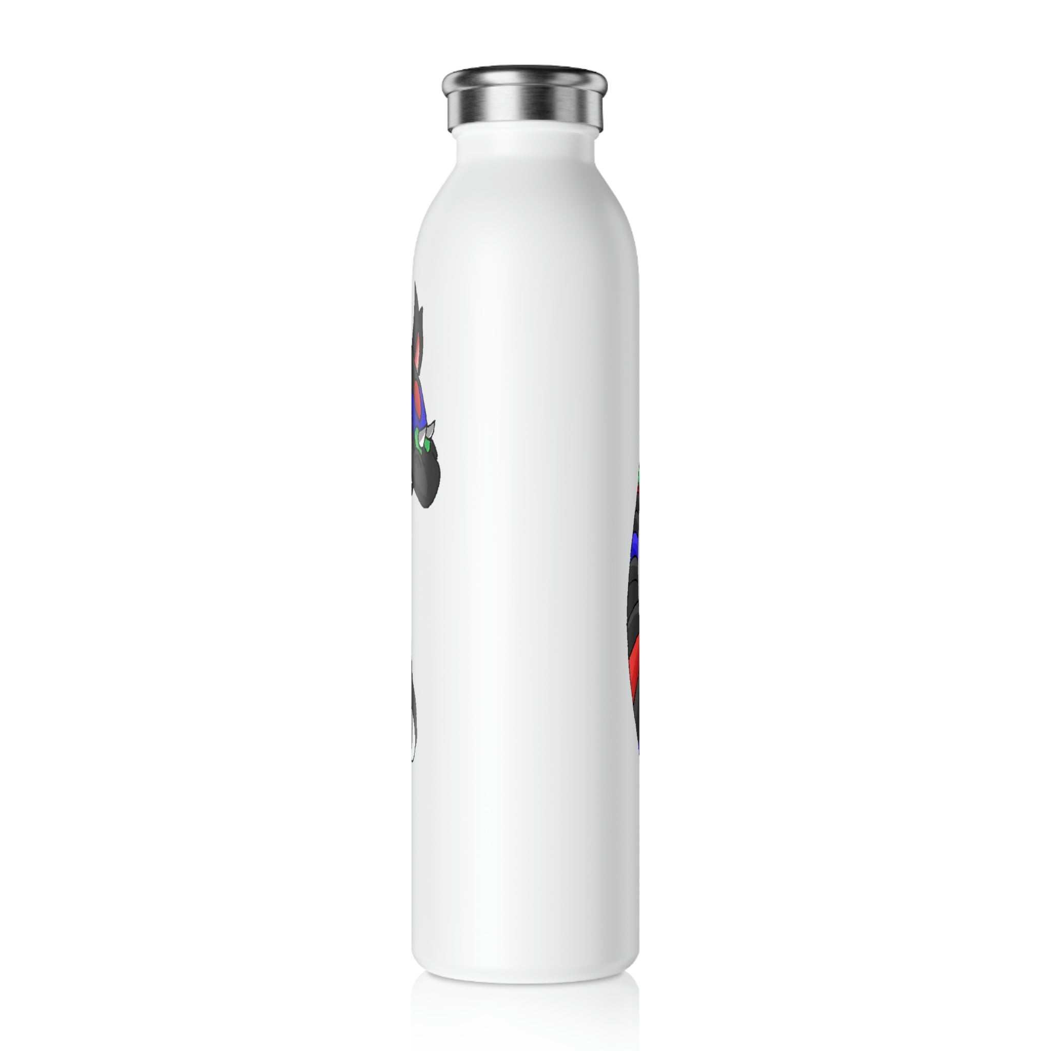 Rocino Slim Water Bottle with matte finish and silver stainless steel cap, showcasing vibrant personalized designs.