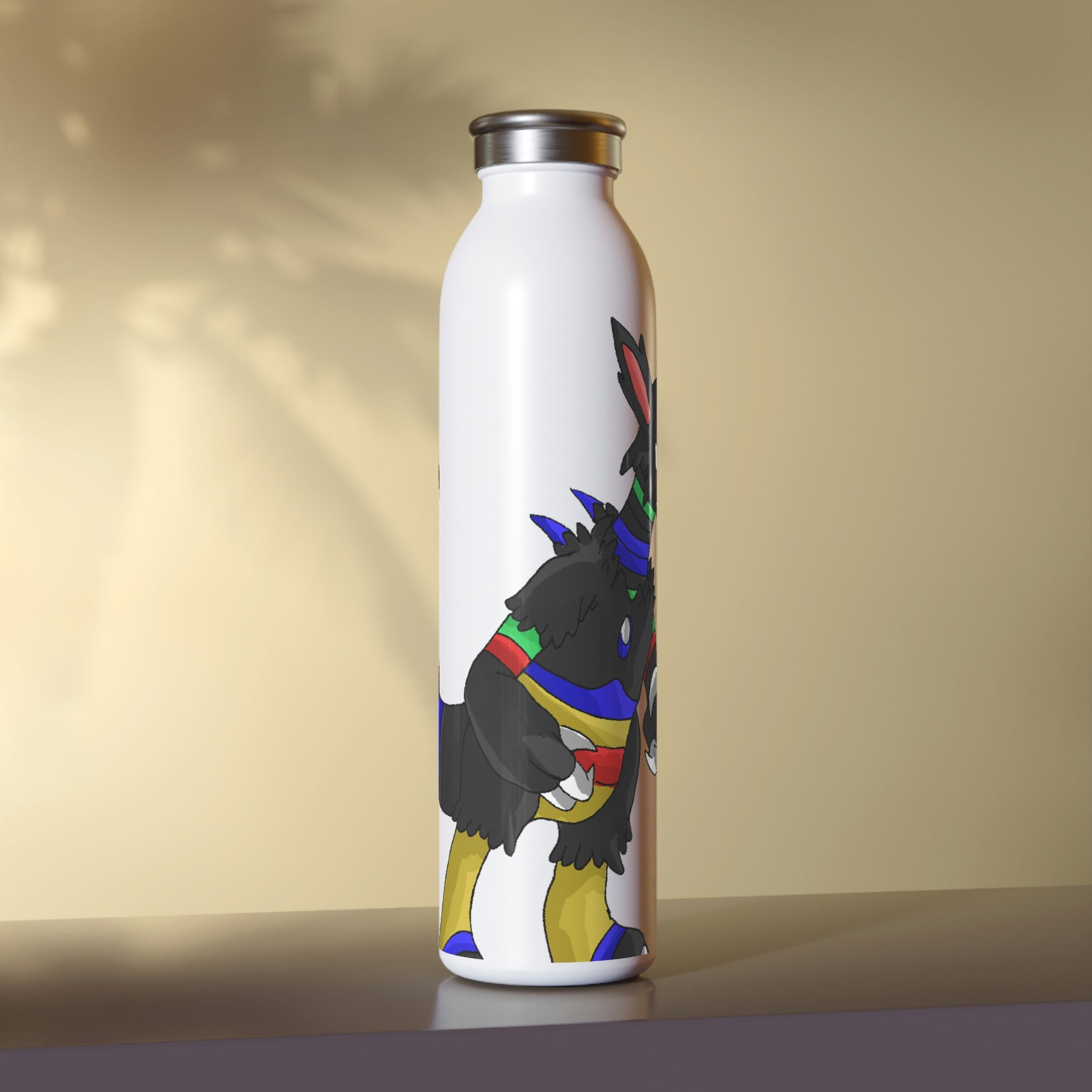 Rocino Slim Water Bottle with matte finish and silver stainless steel cap, showcasing vibrant personalized designs.