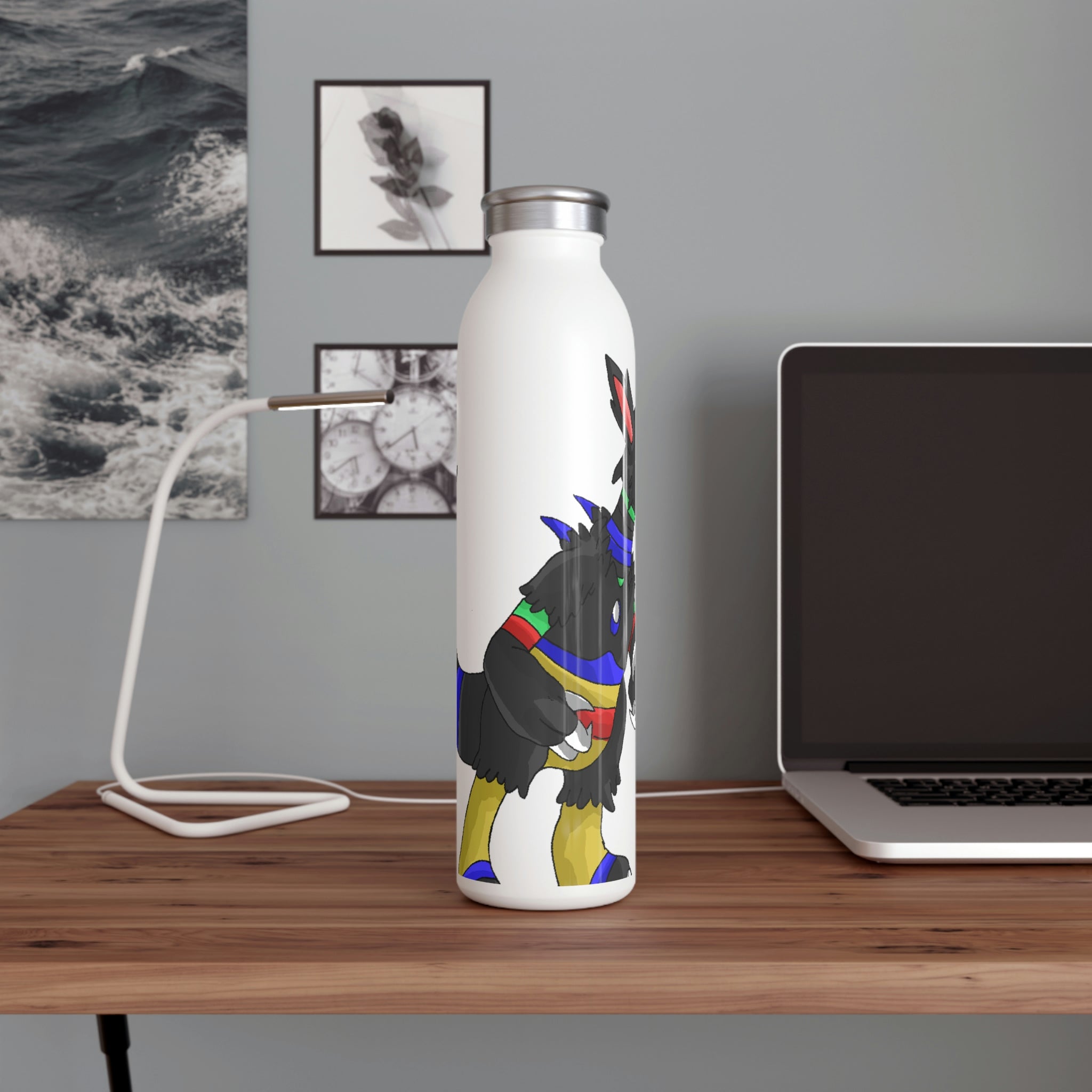 Rocino Slim Water Bottle with matte finish and silver stainless steel cap, showcasing vibrant personalized designs.