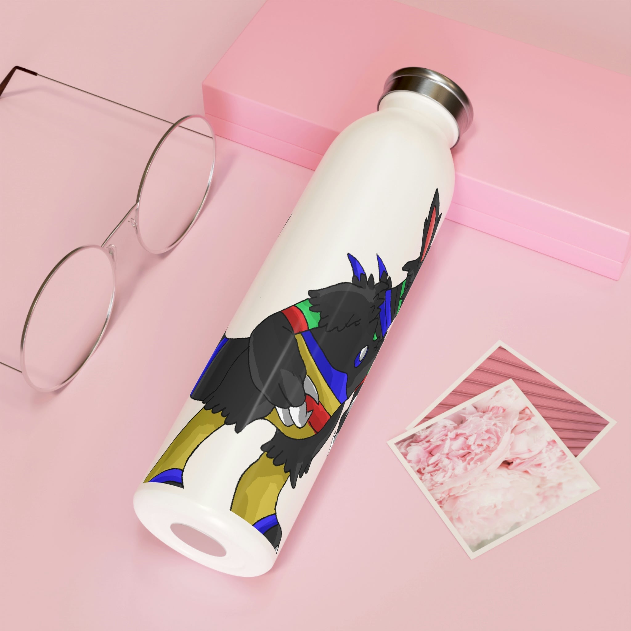 Rocino Slim Water Bottle with matte finish and silver stainless steel cap, showcasing vibrant personalized designs.