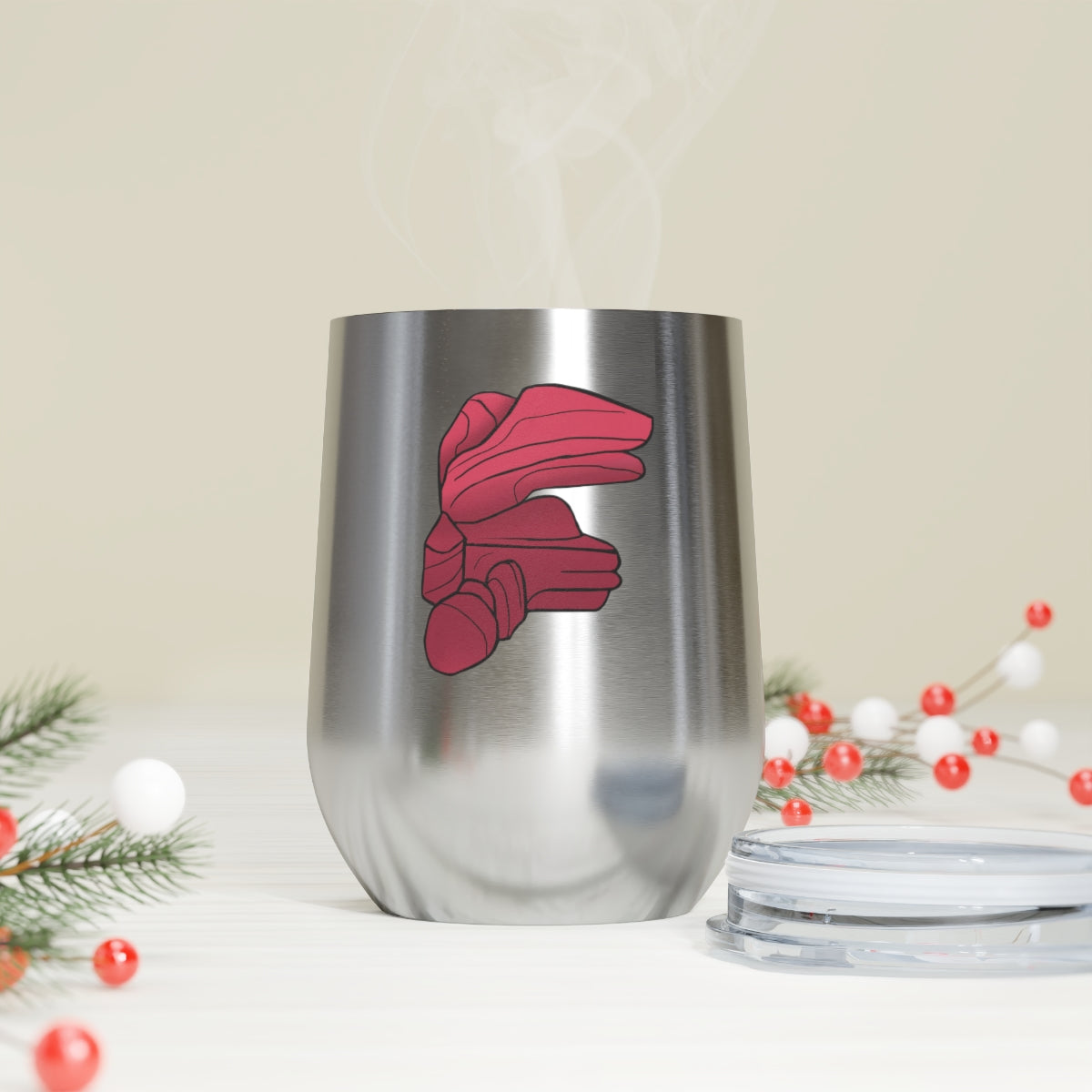 Rock 12oz Insulated Wine Tumbler in stainless steel with a clear plastic lid, showcasing a stylish and modern design.