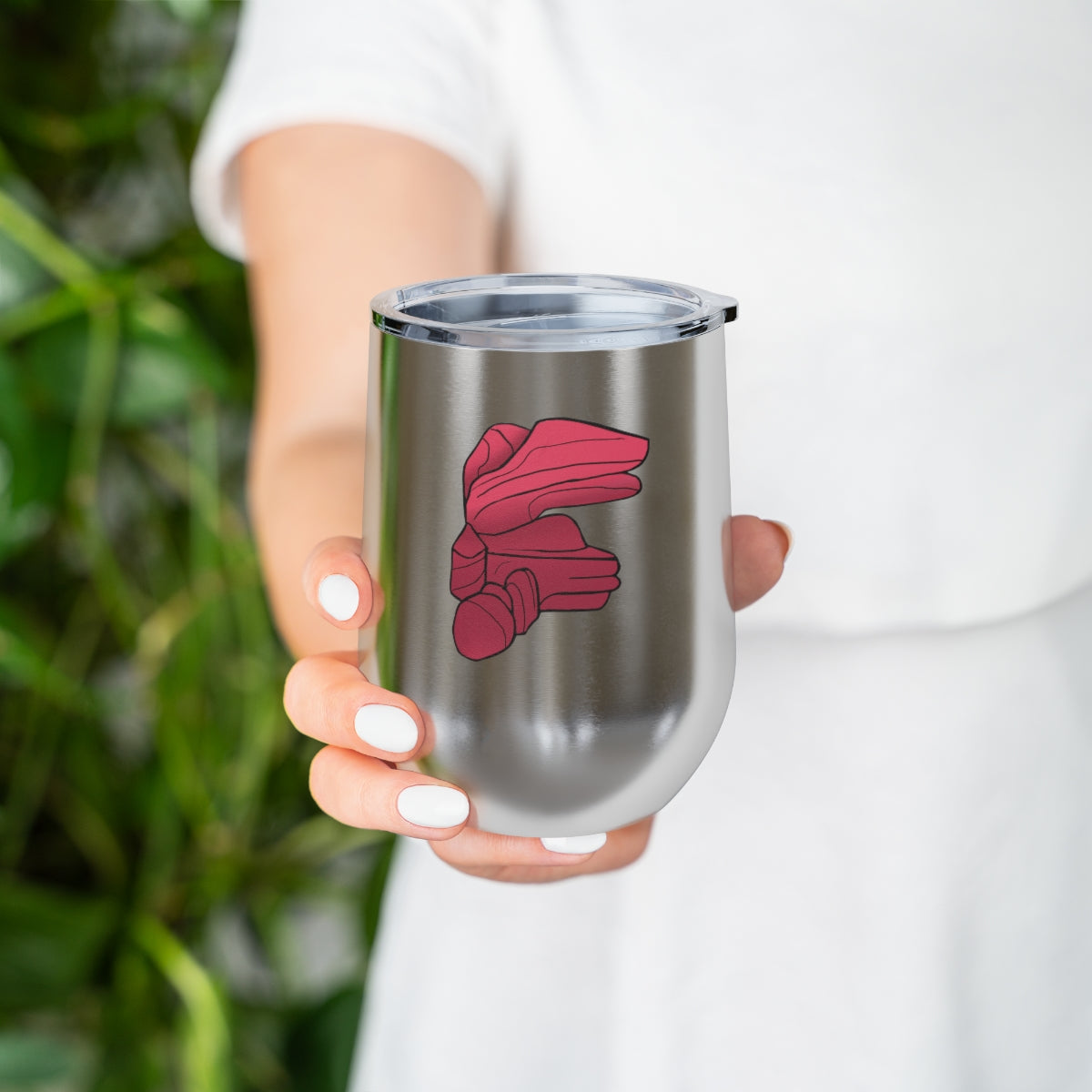 Rock 12oz Insulated Wine Tumbler in stainless steel with a clear plastic lid, showcasing a stylish and modern design.