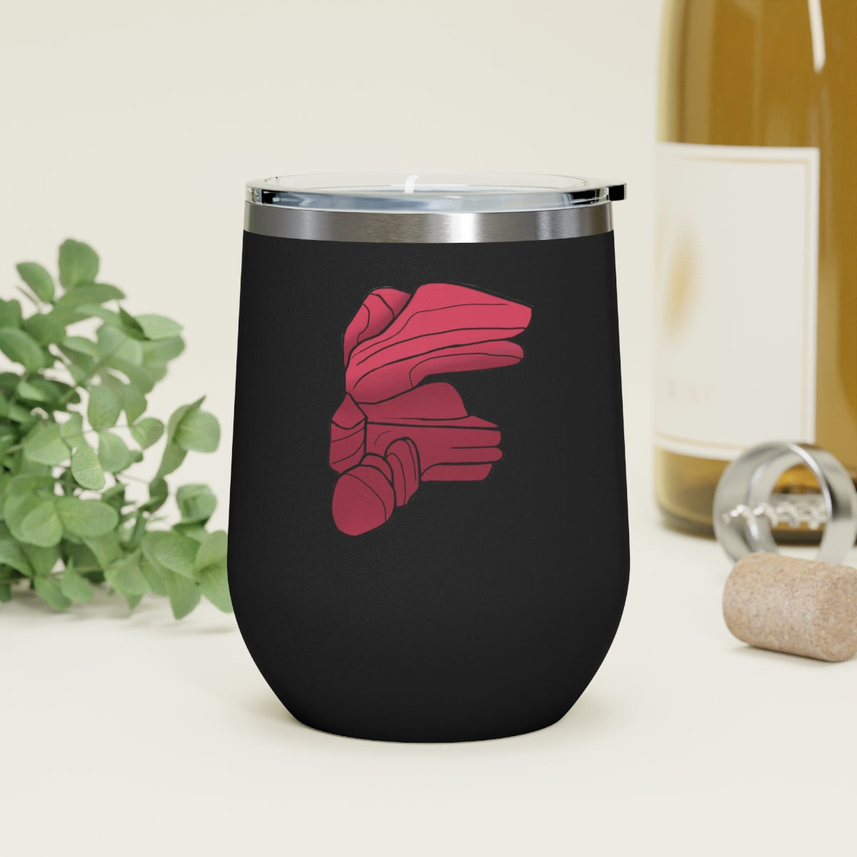 Rock 12oz Insulated Wine Tumbler in stainless steel with a clear plastic lid, showcasing a stylish and modern design.