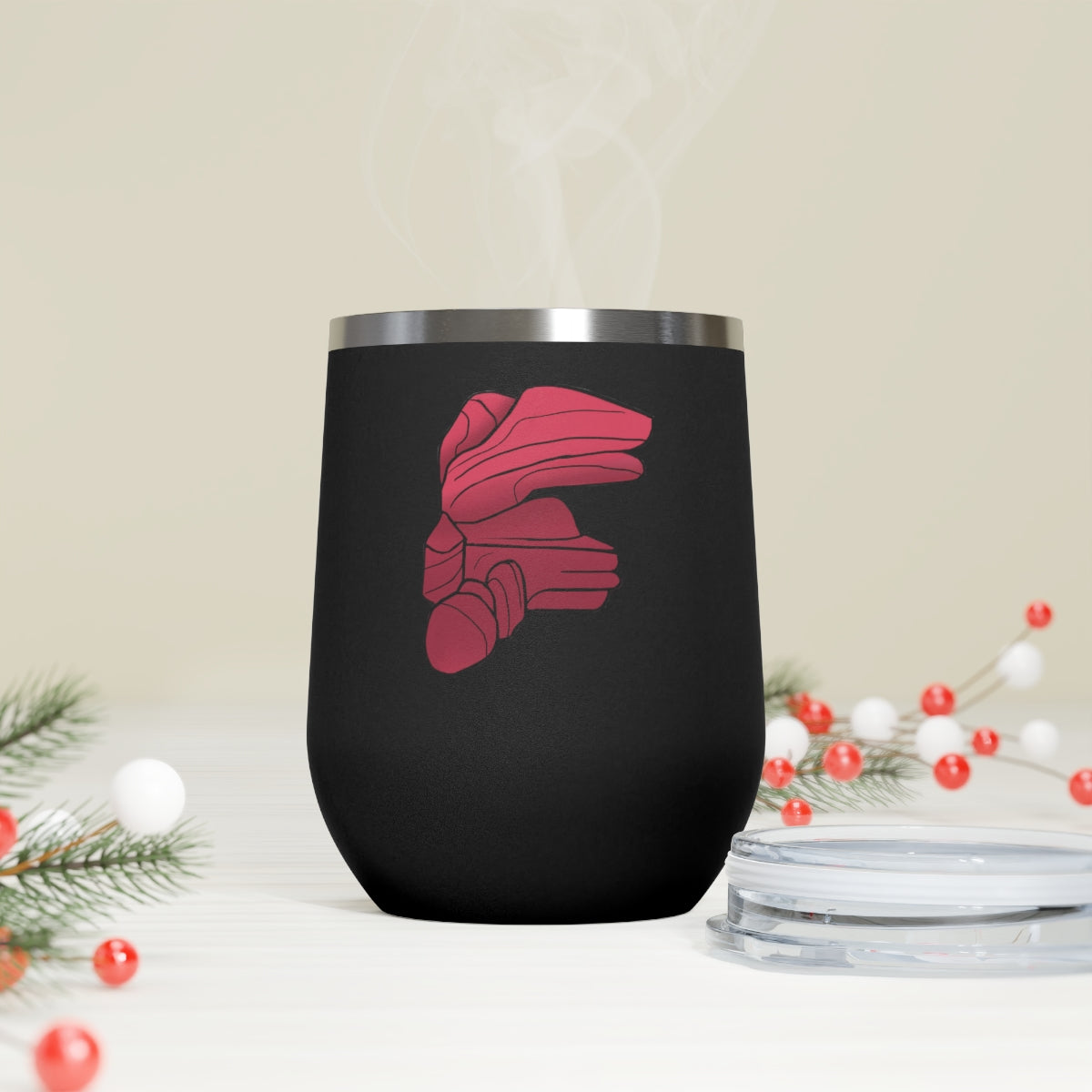 Rock 12oz Insulated Wine Tumbler in stainless steel with a clear plastic lid, showcasing a stylish and modern design.