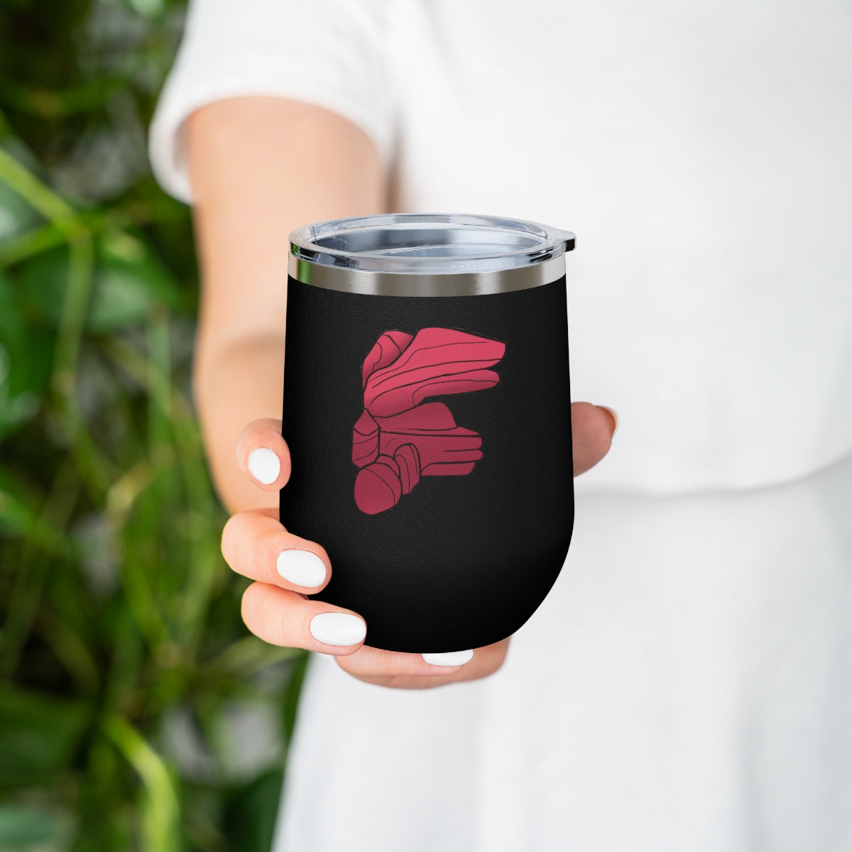 Rock 12oz Insulated Wine Tumbler in stainless steel with a clear plastic lid, showcasing a stylish and modern design.