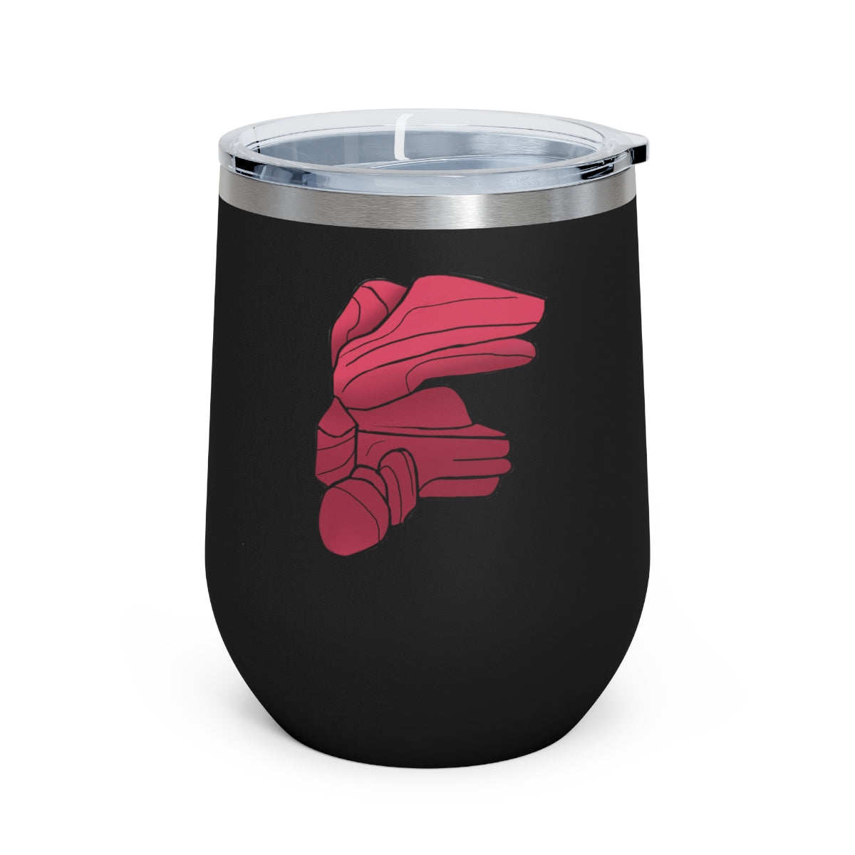 Rock 12oz Insulated Wine Tumbler in stainless steel with a clear plastic lid, showcasing a stylish and modern design.