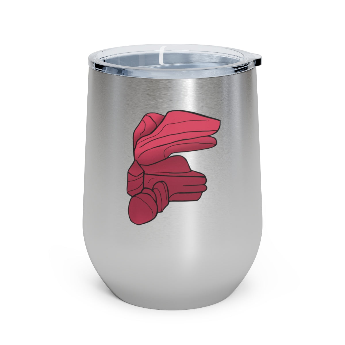 Rock 12oz Insulated Wine Tumbler in stainless steel with a clear plastic lid, showcasing a stylish and modern design.