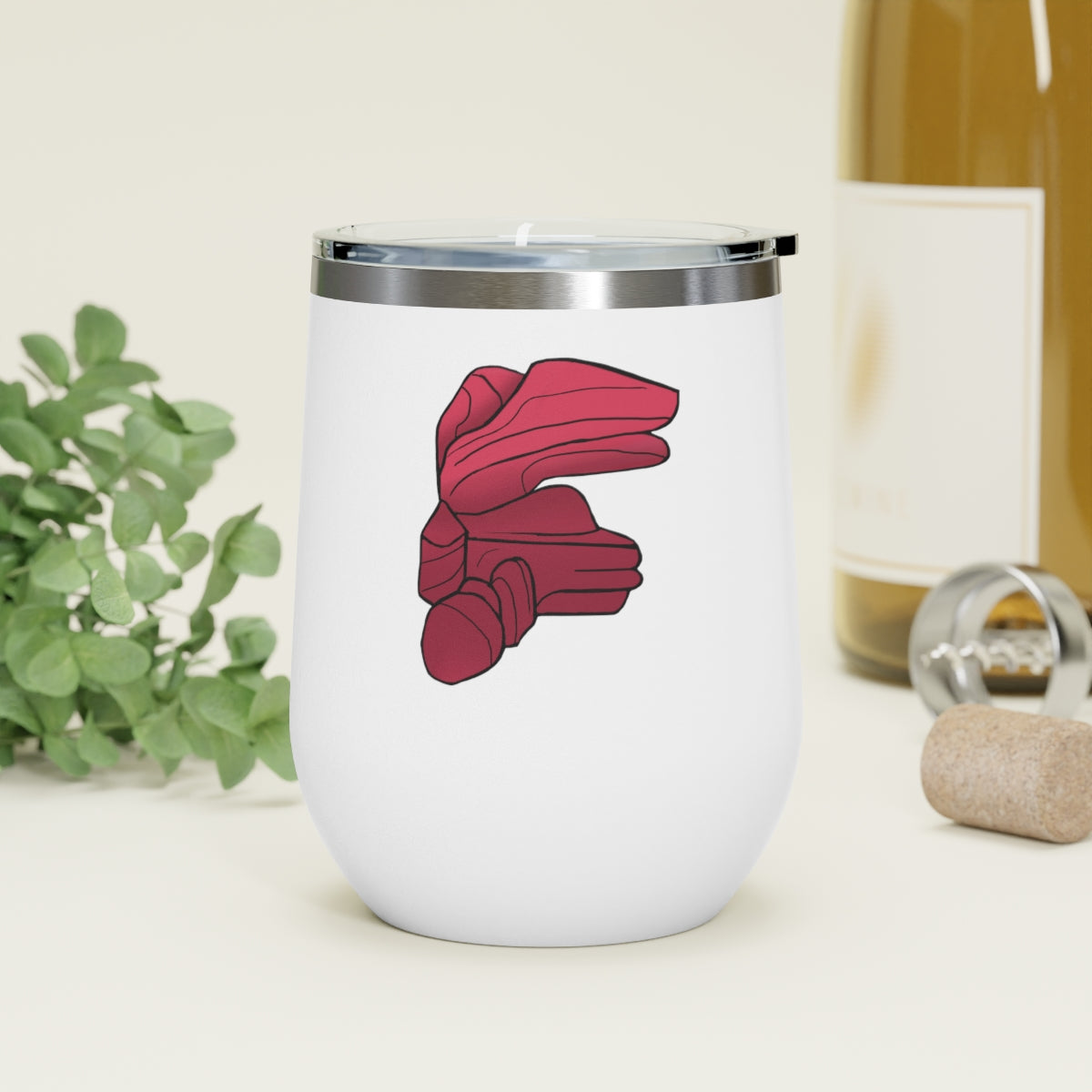 Rock 12oz Insulated Wine Tumbler in stainless steel with a clear plastic lid, showcasing a stylish and modern design.